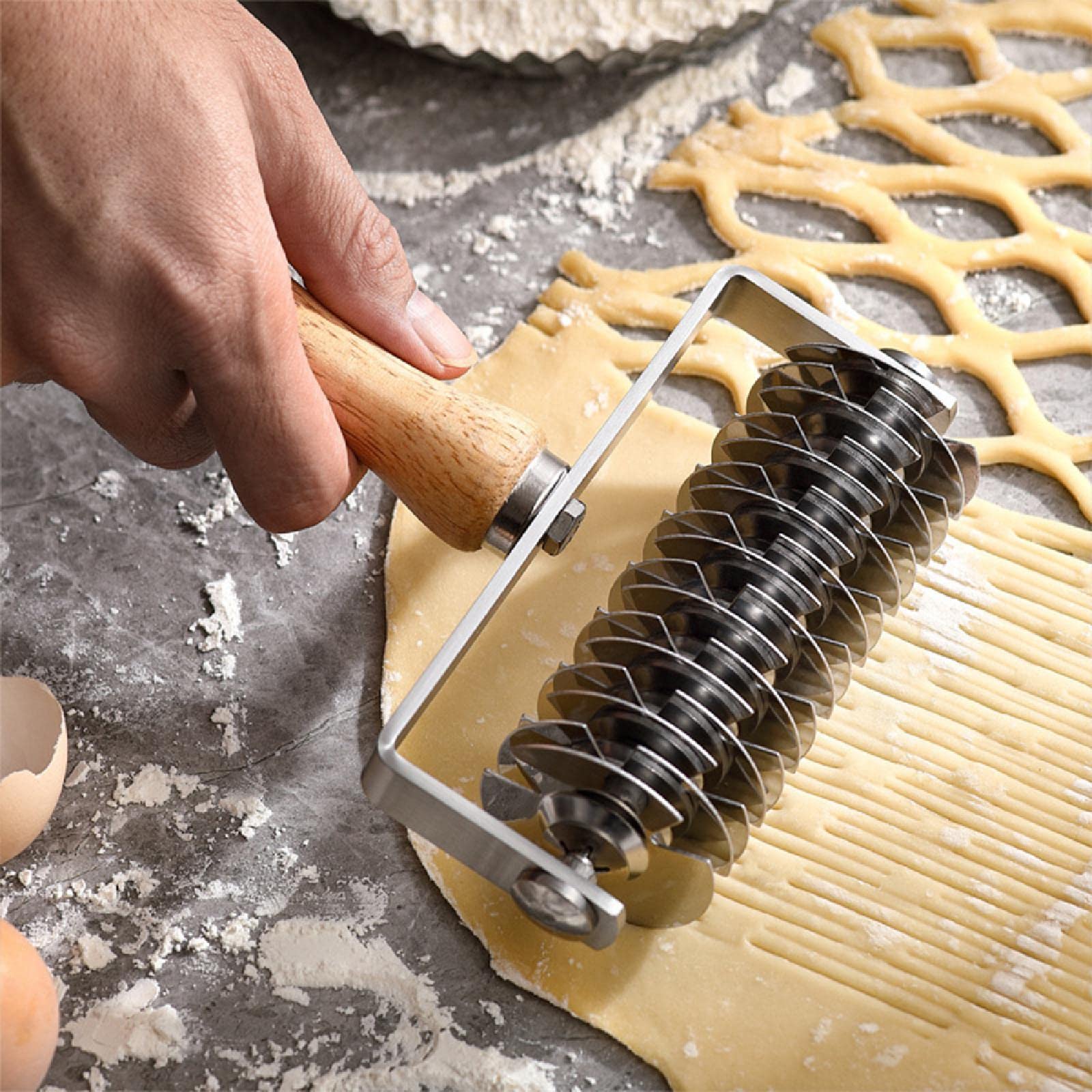Cortador de masa de rodillo de acero inoxidable, rodillo de celosía para pizza, cortador de rodillo de celosía, mango de madera, herramienta de panadería para pastel herramienta para hornear DIY