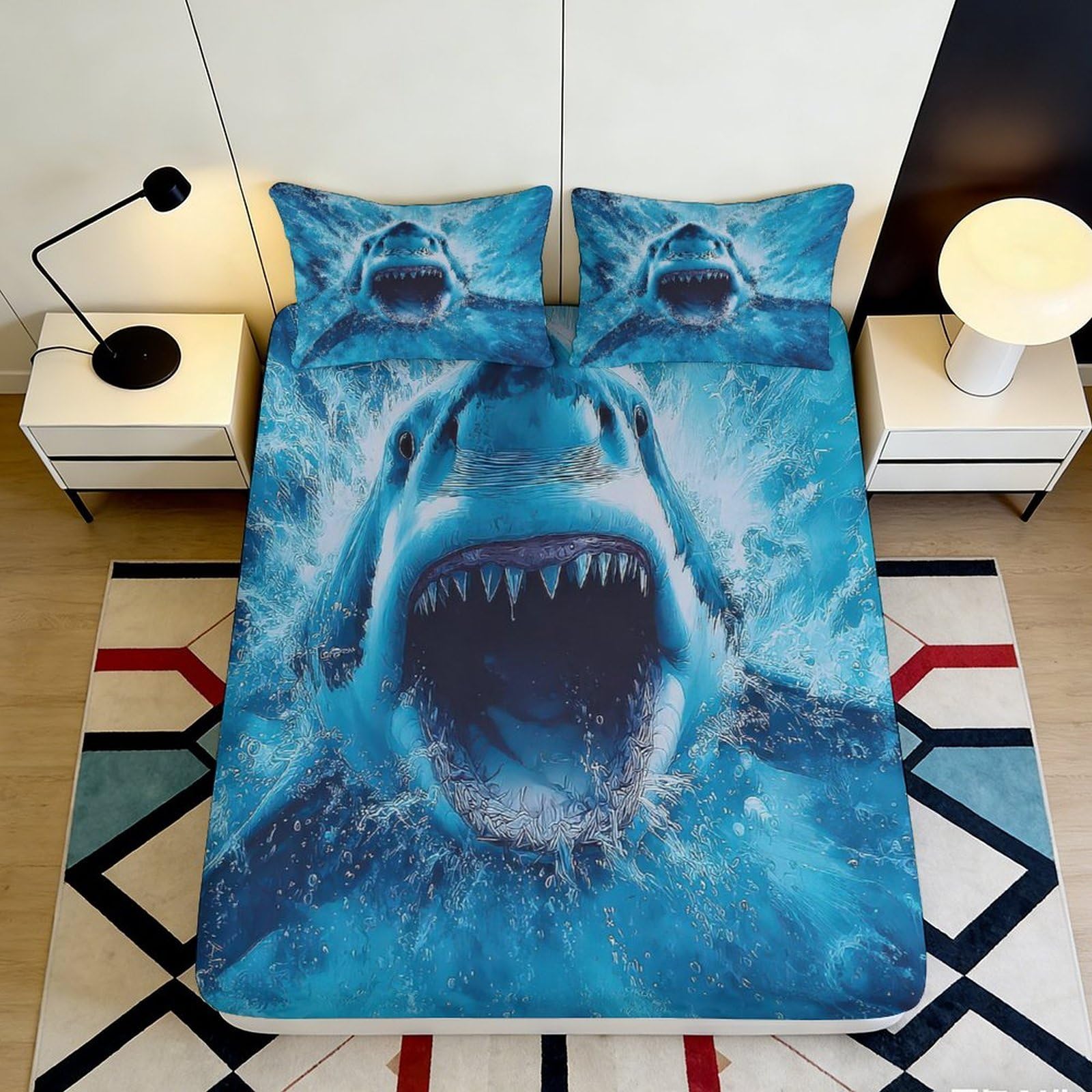 Pnayamiorkfel Style-4 3D Printed Shark Splash Fitted Sheet Microfiber Soft Breathable Ocean Waves Mattress Cover For Bedroom Guest Room Decor 90X200x25cm