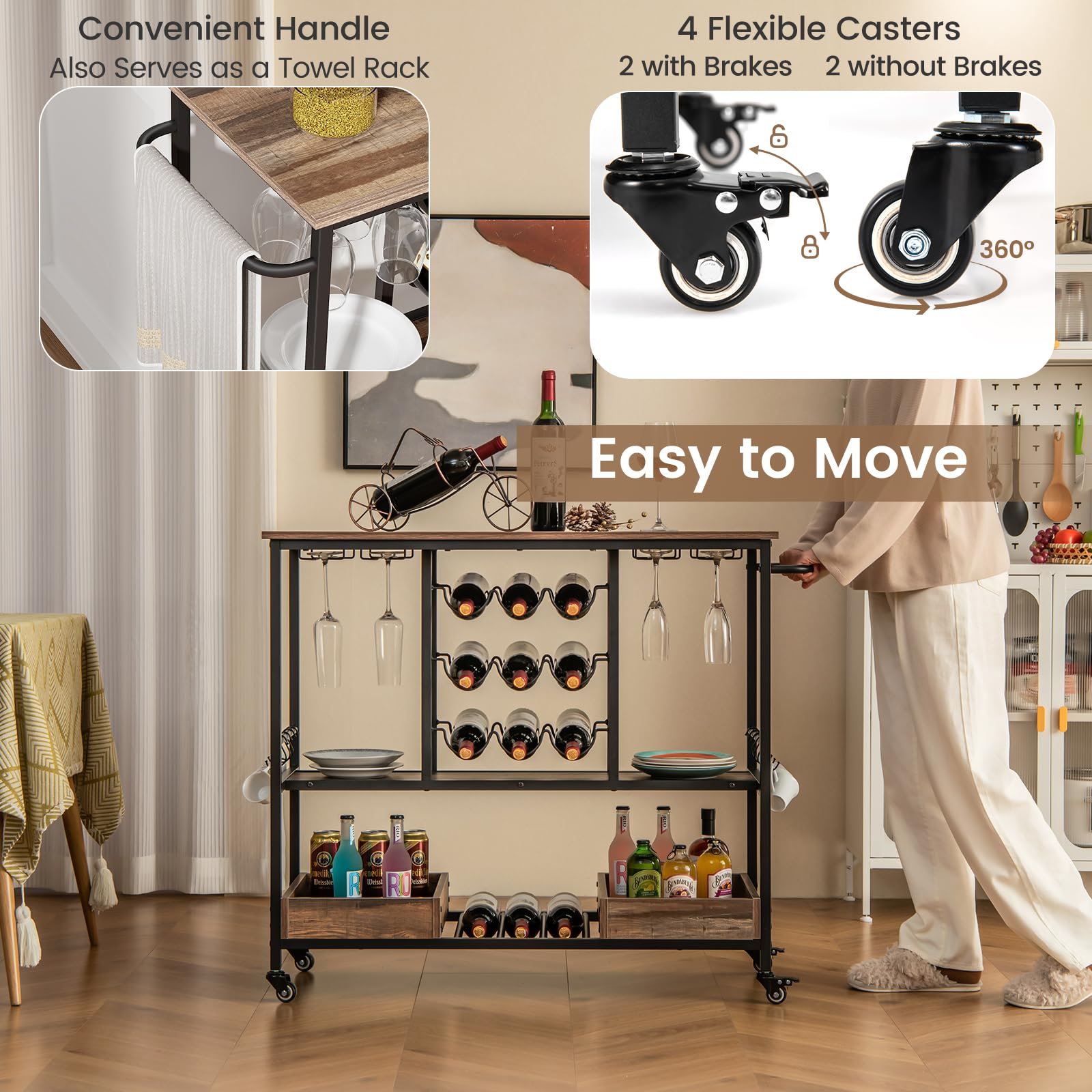 KOMFOTTEU Carrello da Cucina con Ruote, Carrello di Servizio con Portabottiglie, Portabicchieri Ganci, Carrello Portaoggetti a 3 Ripiani per Bar, Casa, Cucina, 108 x 40 x 91 cm (Grigio)