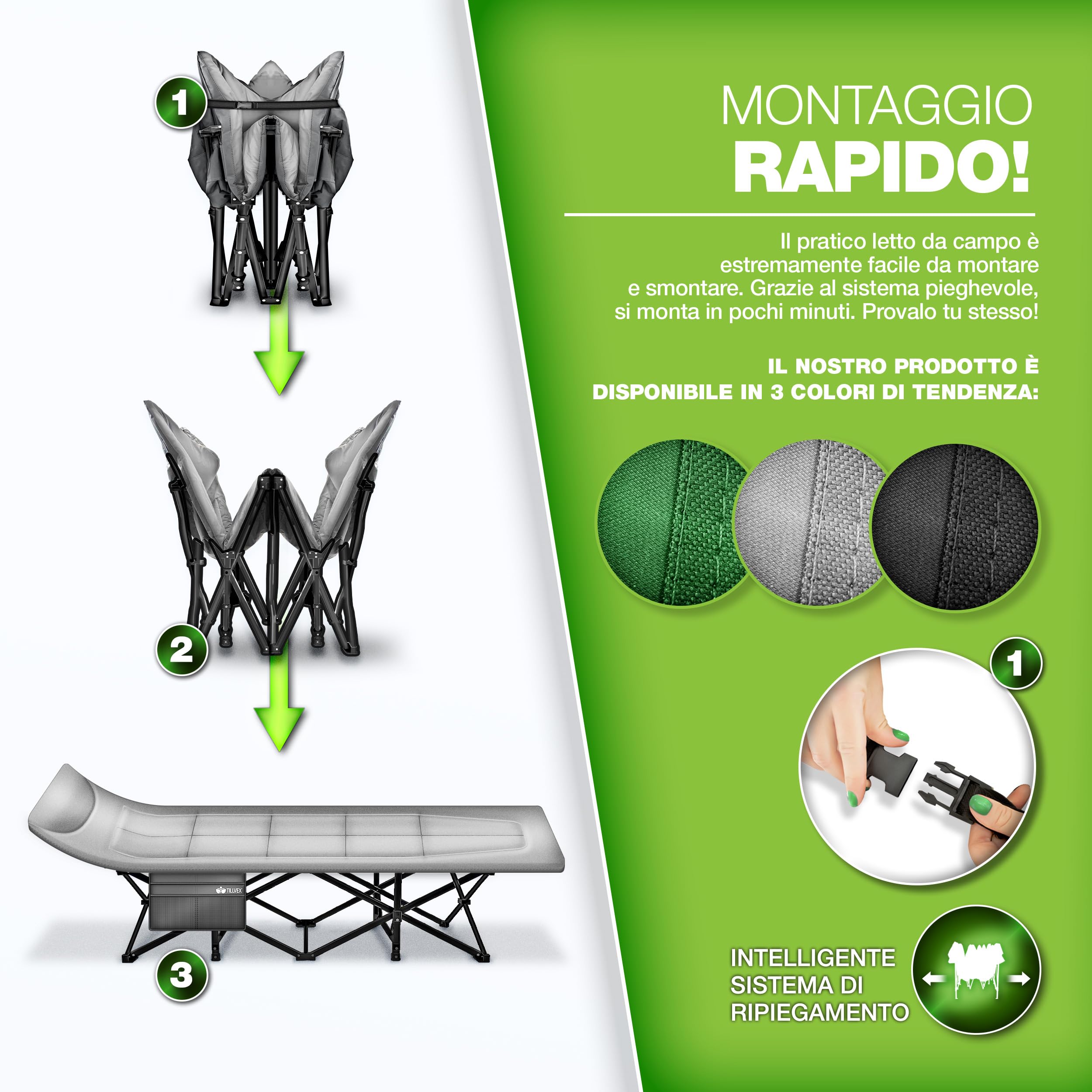 tillvex® Letto da campeggio pieghevole con borsa per il trasporto fino a 200 kg | Lettino da campeggio extra largo | Lettino da campeggio per interni ed esterni | Letto pieghevole per gli ospiti