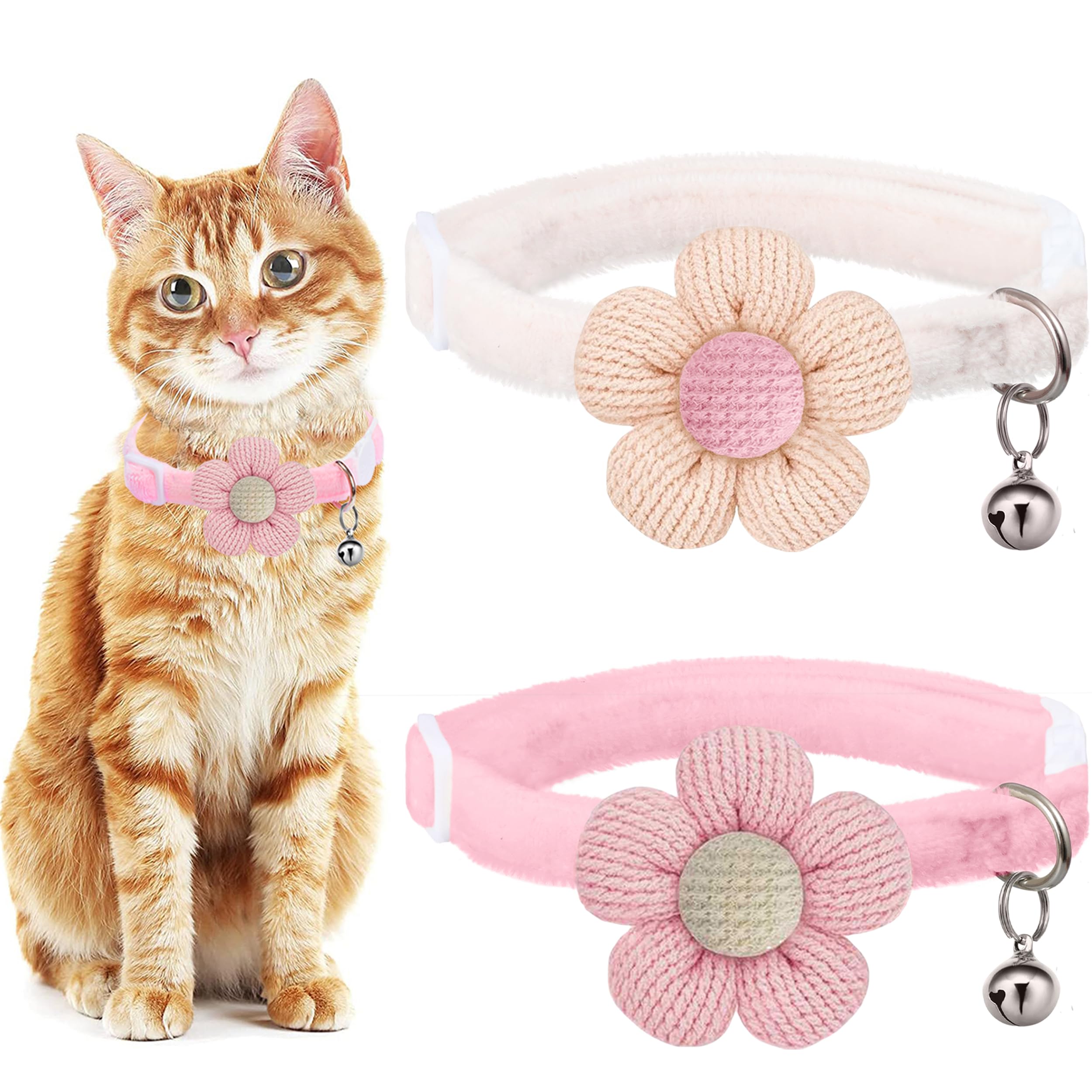 Breakaway Cat Collars with Bells, MUZIEBA Kitten Collar for Girl Boy Adjustable Safety Kitty Collars for Cats Puppy and Small Pets (Pink + White)