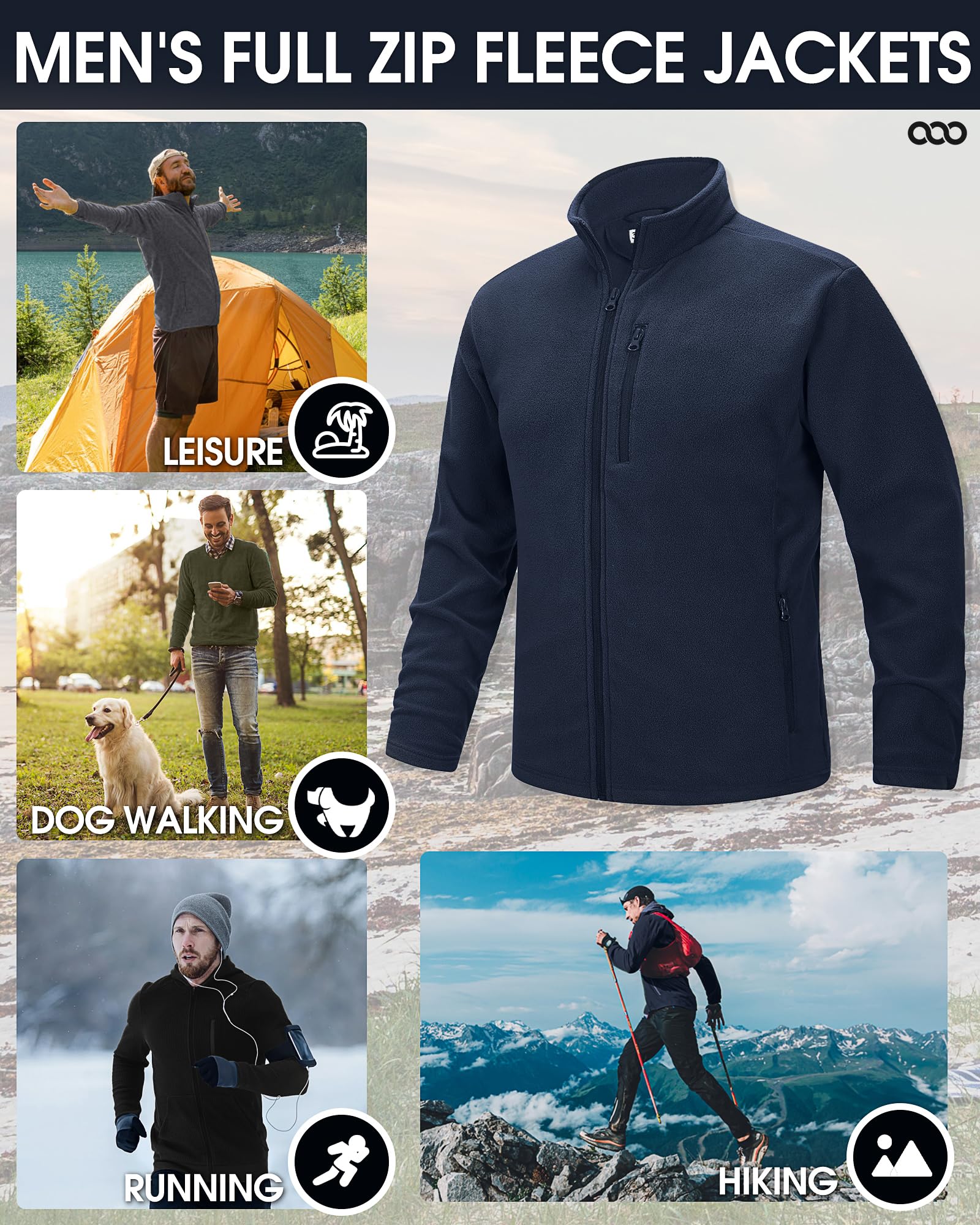 33,000ft Veste polaire pour homme - Col montant - Veste chaude - Veste légère en tricot - Veste de mi-saison - Veste d'extérieur pour la randonnée, la course, les loisirs