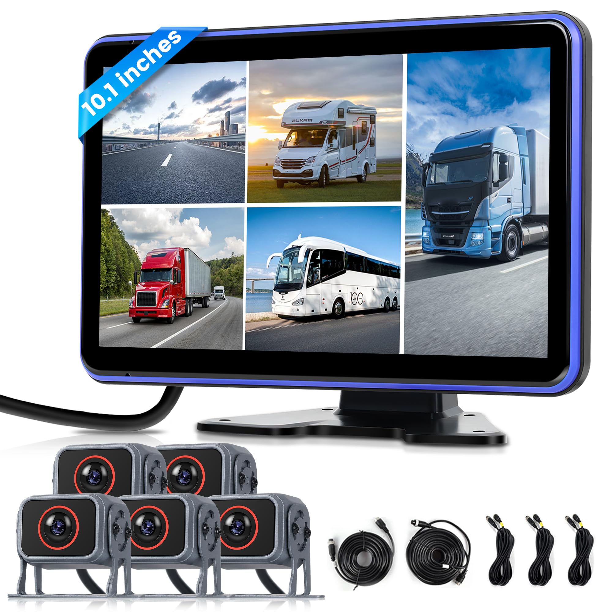 Cámara de Visión Trasera Kit con 5 Cámara con 10.1 Pulgadas IPS Monitor con Cable de 5M + 15M, IP68 Impermeable, Visión Nocturna, BSD, Vídeo en Bucle, DVR para Camión/Bus/Furgoneta/Caravana