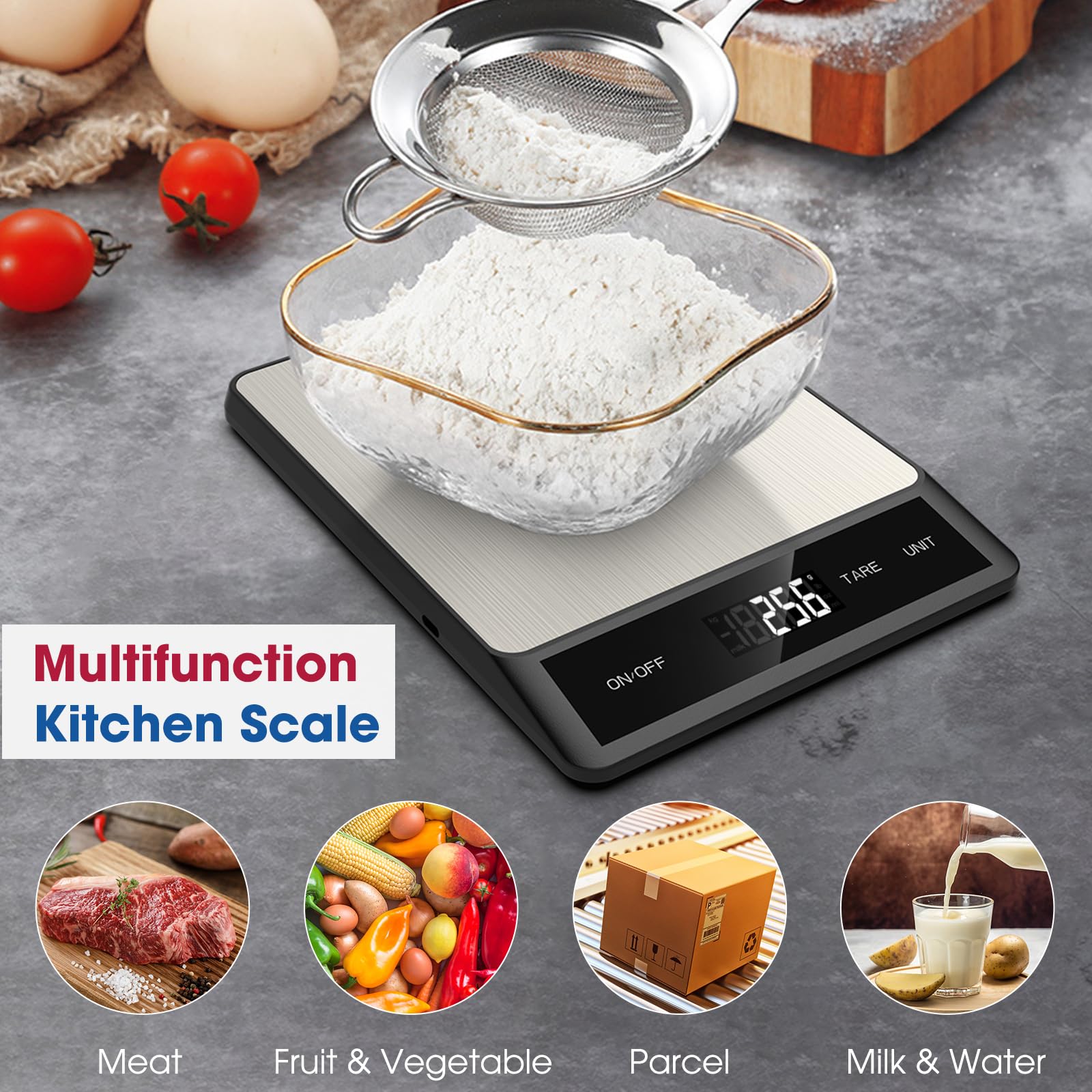 Mik-Nana Bilancia digitale da cucina con 6 unità funzione tara e display LCD, 5 kg in acciaio inox, peso grammi e once per cottura, cottura e preparazione dei pasti (batterie incluse)