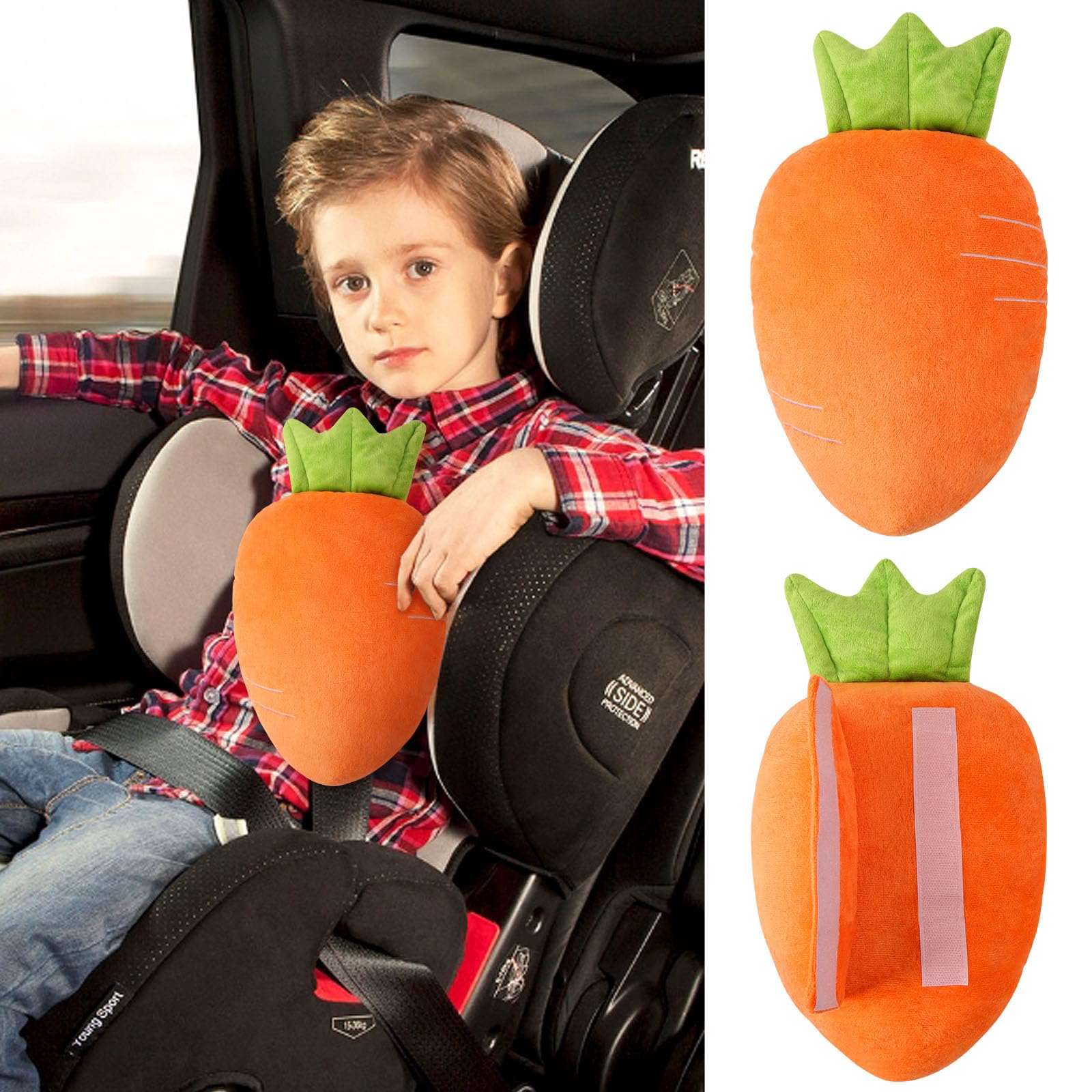 Alaoo Gurtpolster für Kinder, Karotte Gurtpolster Auto, Autogurt Polster Schlafkissen, Nackenkissen, Nackenhörnchen, Sicherheitsgurt Auto sitz Kopfkissen für Komfort Reisen Mädchen Jungen