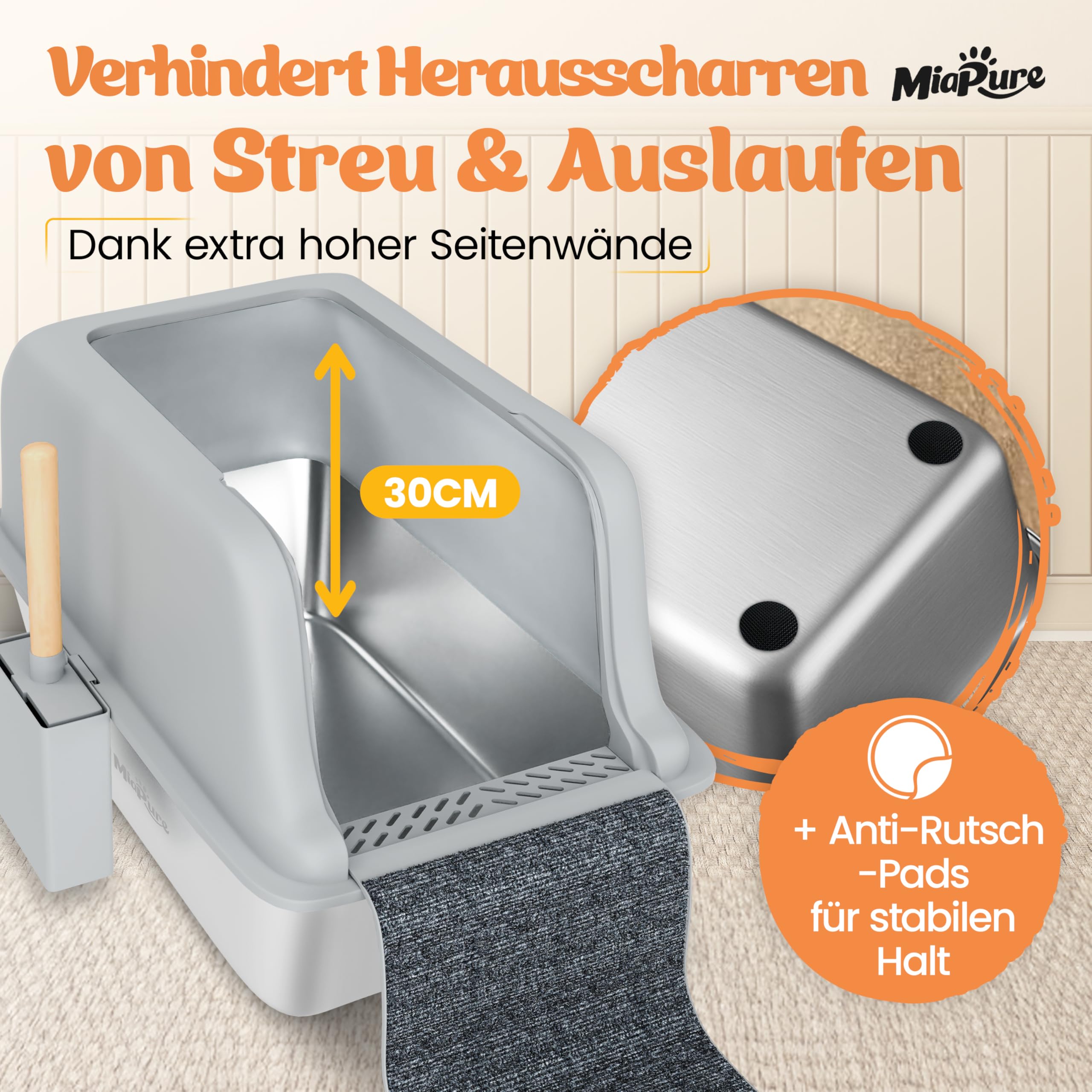 Edelstahl Katzenklo XXL 60x40x30cm mit hohem Rand inkl. Schaufel | Komplettsystem gegen Streu-Chaos dank integrierter Klappe mit Streumatte – auslaufsicher, geruchsfrei & leicht zu reinigen