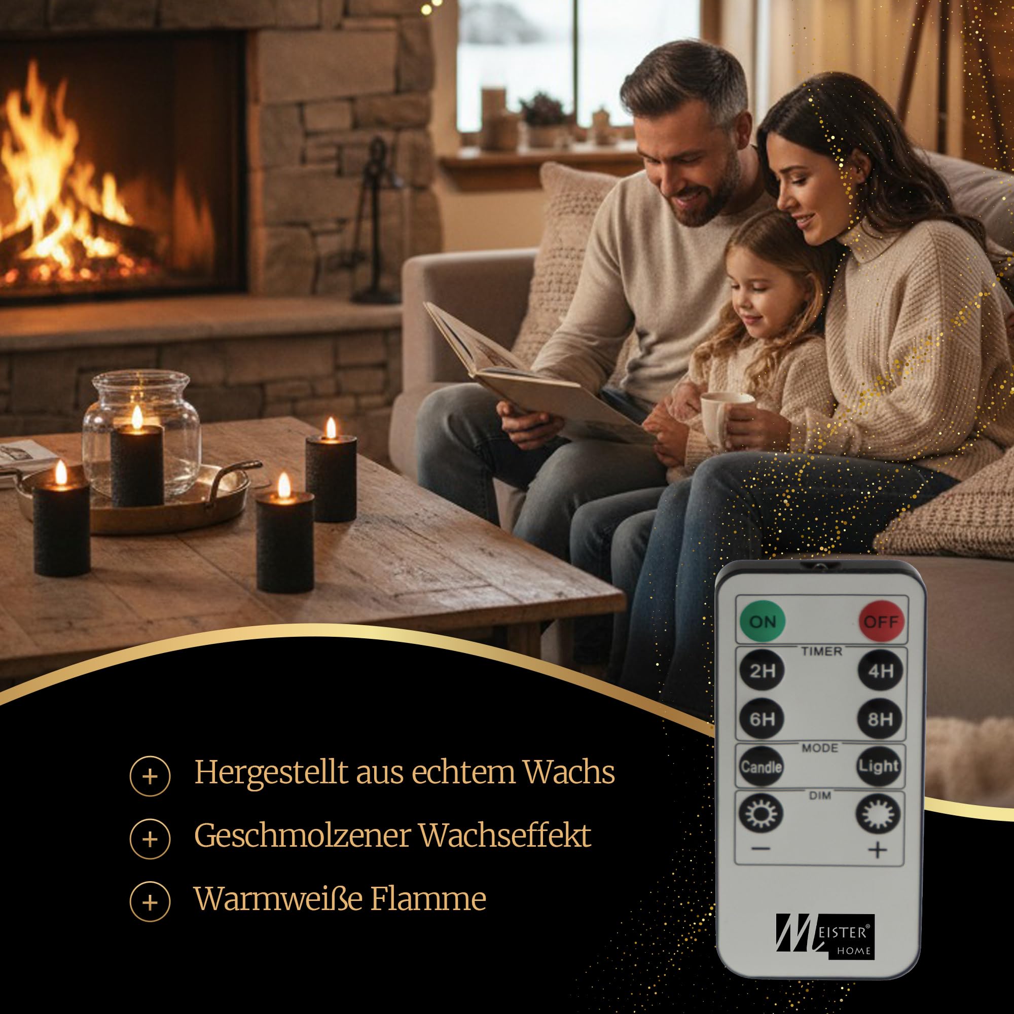 Meisterhome® LED-Kerzen 5er-Set Flammenlos Schwarz – Ø7 cm, Höhen 10/12,5/15 cm – Stumpenkerzen mit Fernbedienung & Timer – warmweißes Licht – flackernde Flamme – Rustik-Design – batteriebetrieben
