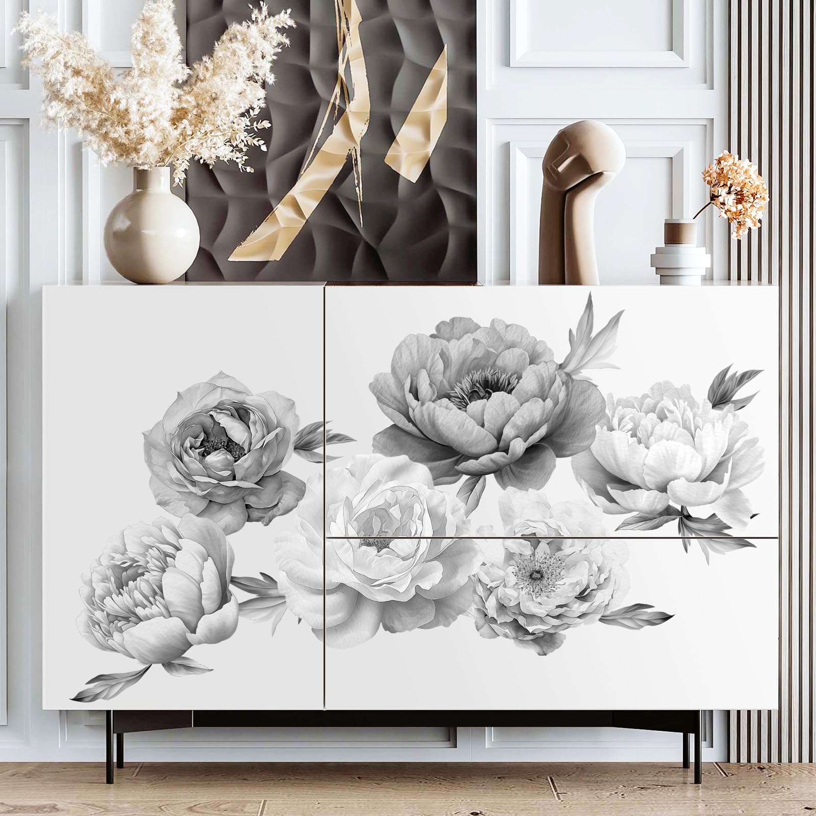 SHUCHING 3D Large Flowers Wall Stickers, Black and Grey Florals Wall Decals - Image 2