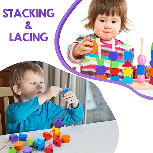 Miniatura 2 de Juego de juguetes de secuenciación de cuentas de madera, juguetes Montessori para niños de 3, 4 y 5 años, cuentas de cordones y bloques apilables y