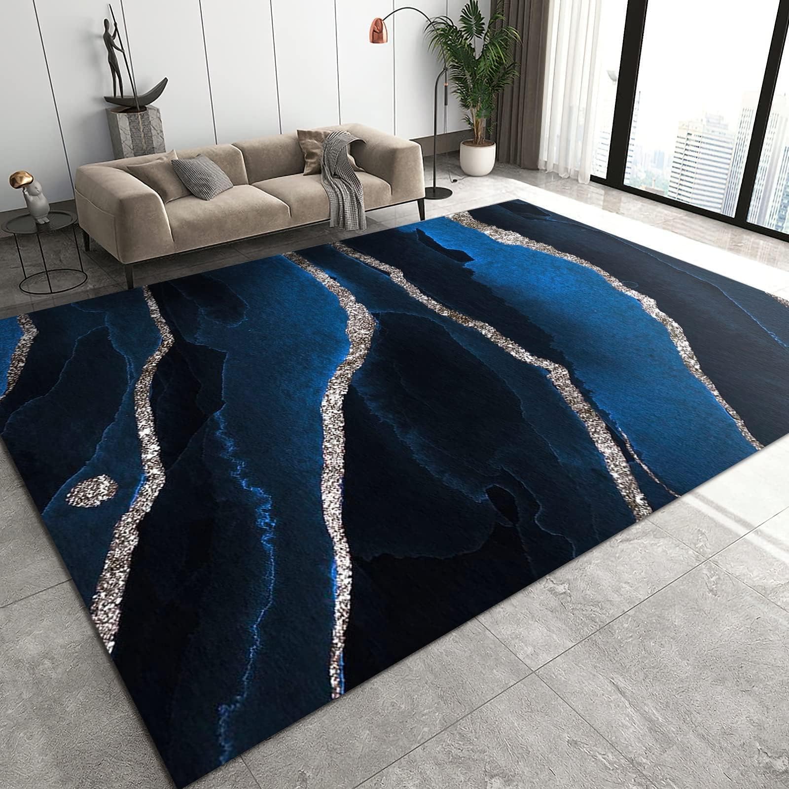 POZYME 4x5 Rug for Office Chair Luxury Navy Blue Marble Nursery Carpet, Black Starry Silver Lines Modern Home Decor Rug Reduces Noise Easy Care for