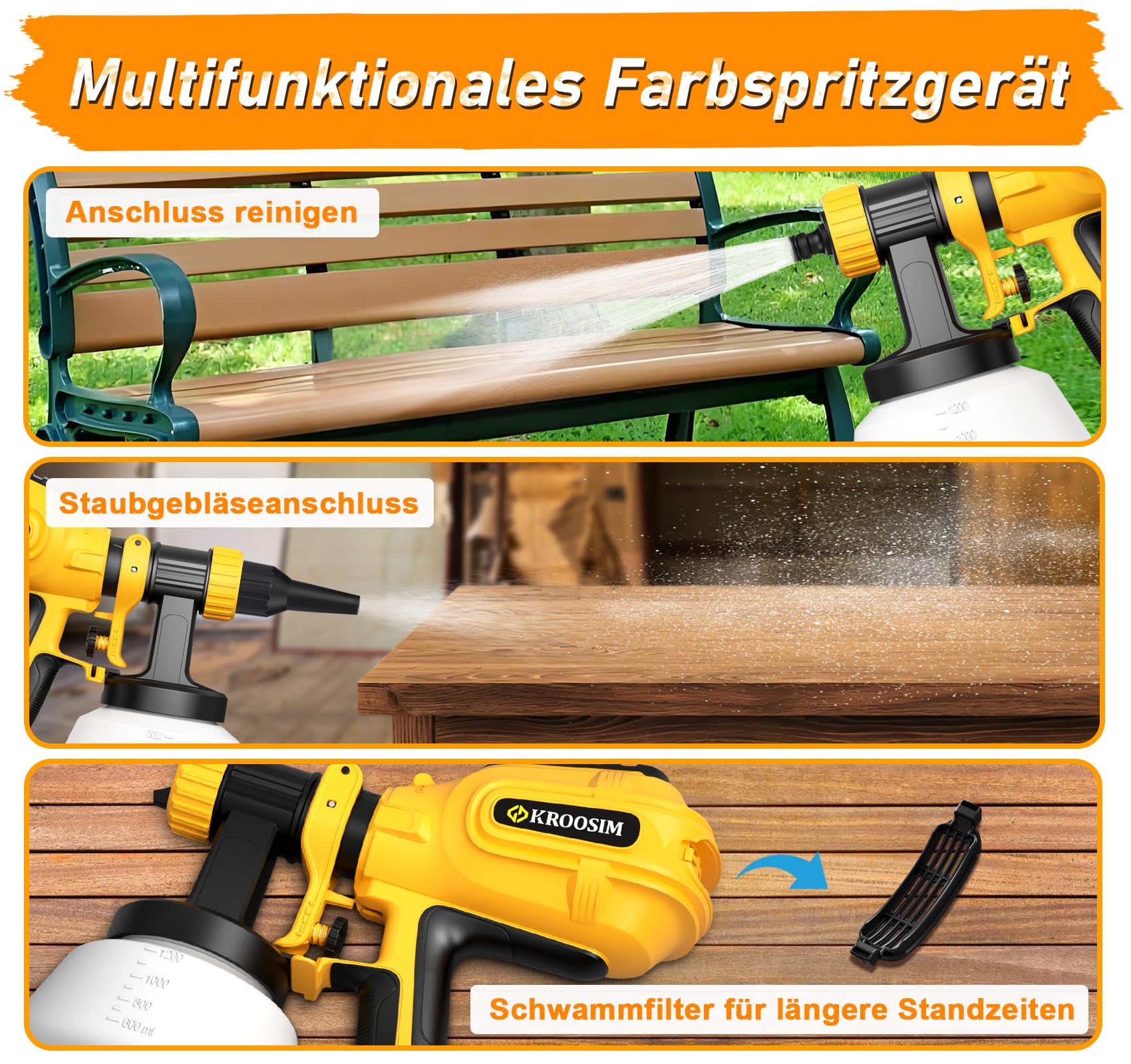 Farbsprühsystem Wandfarbe, Kroosim Update 700W HVLP Elektrisches Lackierpistole mit 4 Düsen und 3 Sprühmuster, 1200ML Verstellbarem Farbfluss Farbsprühgerät für Zäune, Schränke, Decken, Möbel