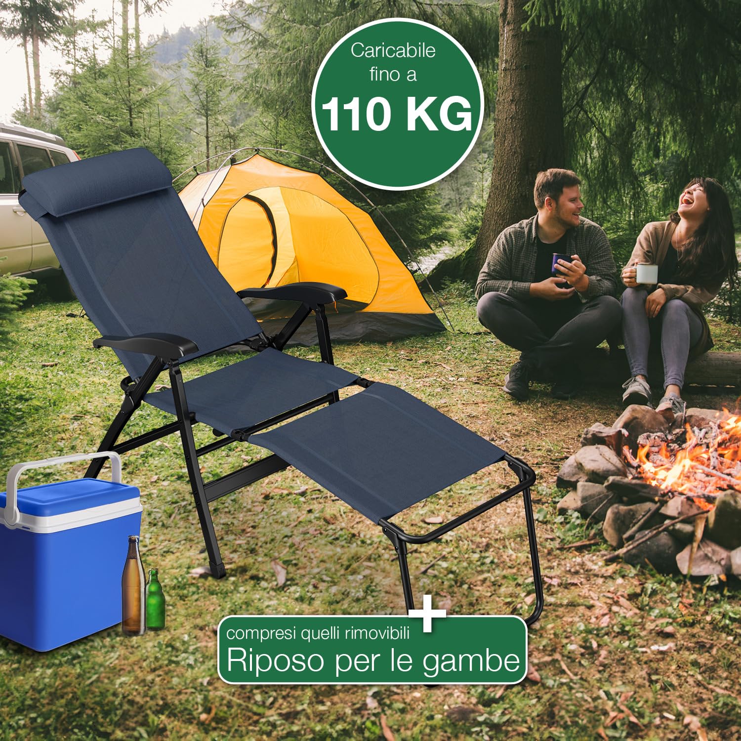 ELONEO Sedia da Giardino Pieghevole con Poggiapiedi Rimovibile - Comoda Sdraio Pieghevole in Alluminio per Campeggio, Giardino e Balcone, con Schienale Regolabile Blu