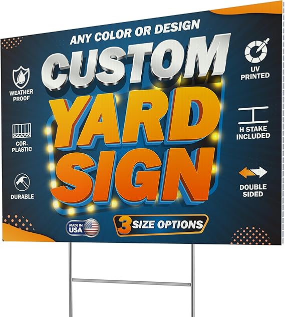 Pack of 5, Custom Yard Sign - Upload Your Design, 3 Sizes, 35 Backgrounds, 20 Fonts - Double Side Option - 4mm Coroplast, DIY Yard Sign with H Stake - Real Estate Signage