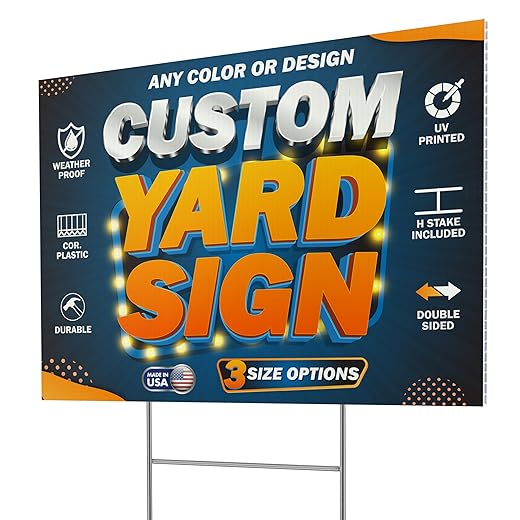 Pack of 5, Custom Yard Sign - Upload Your Design, 3 Sizes, 35 Backgrounds, 20 Fonts - Double Side Option - 4mm Coroplast, DIY Yard Sign with H Stake - Real Estate Signage