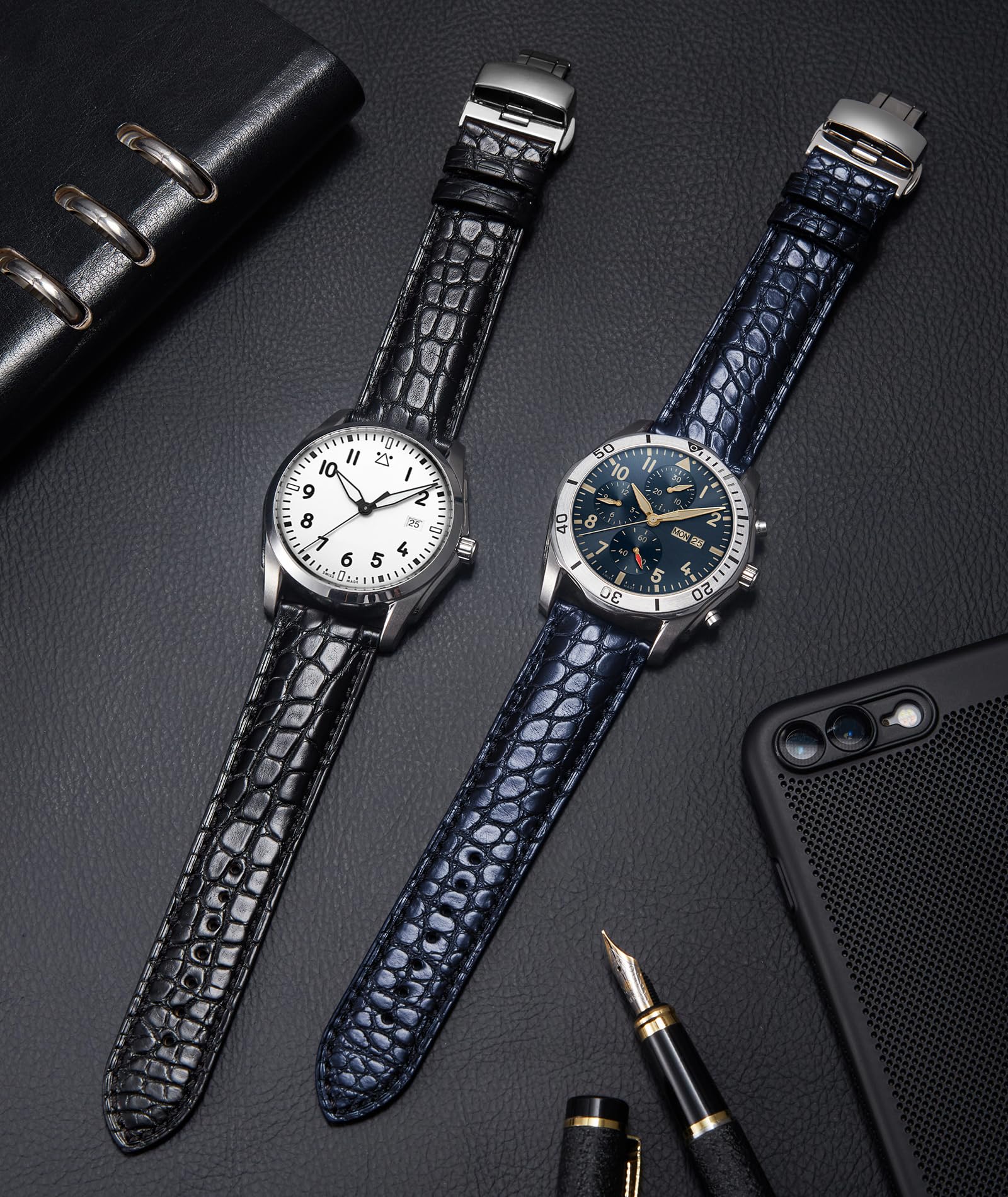BINLUN Leder Uhrenarmband Echtes Krokodilleder Uhrenarmbänder Alligator Lederarmband für Herren Damen 18mm 19mm 20mm 21mm 22mm Schnellverschluss Faltschließe 2 Farben Handgemacht Klassische Mode