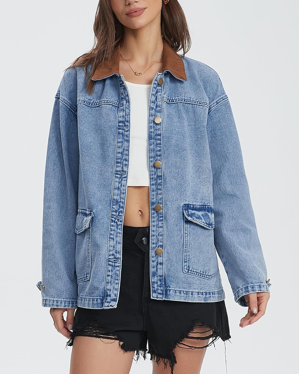 Kedera Women Contrast Color Collar Denim Jacket Oversized Long Sleeve Drop Shoulder Jean Coat with Pockets Outerwear - Image 3