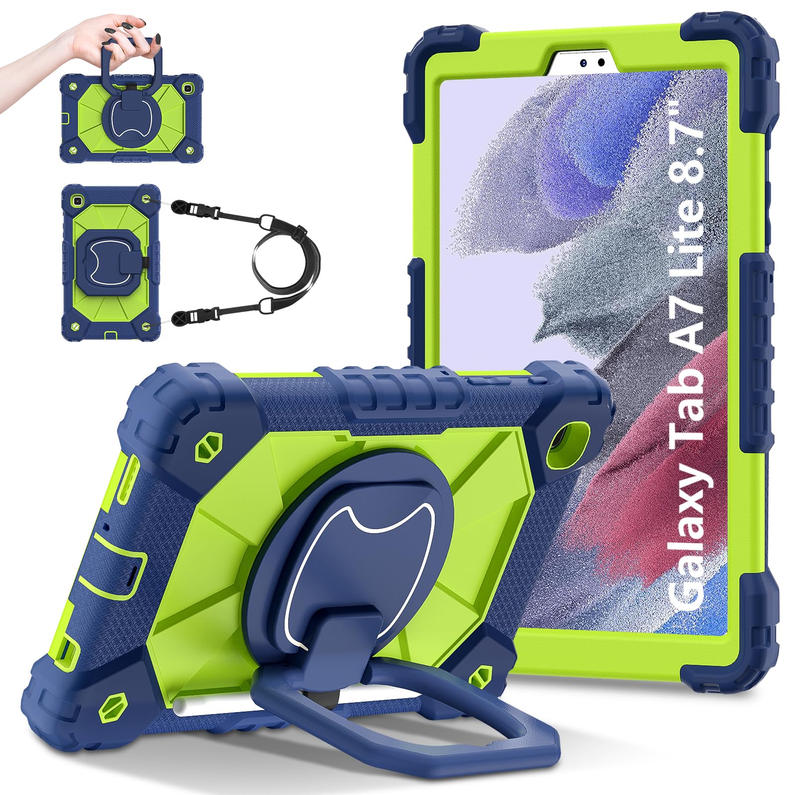 Custodia a tracolla per tablet Samsung Galaxy Tab A7 Lite 8.7 T225/T220(2021), custodia protettiva antiurto resistente con cavalletto, maniglia, tracolla, per bambini, donne, uomo, blu navy