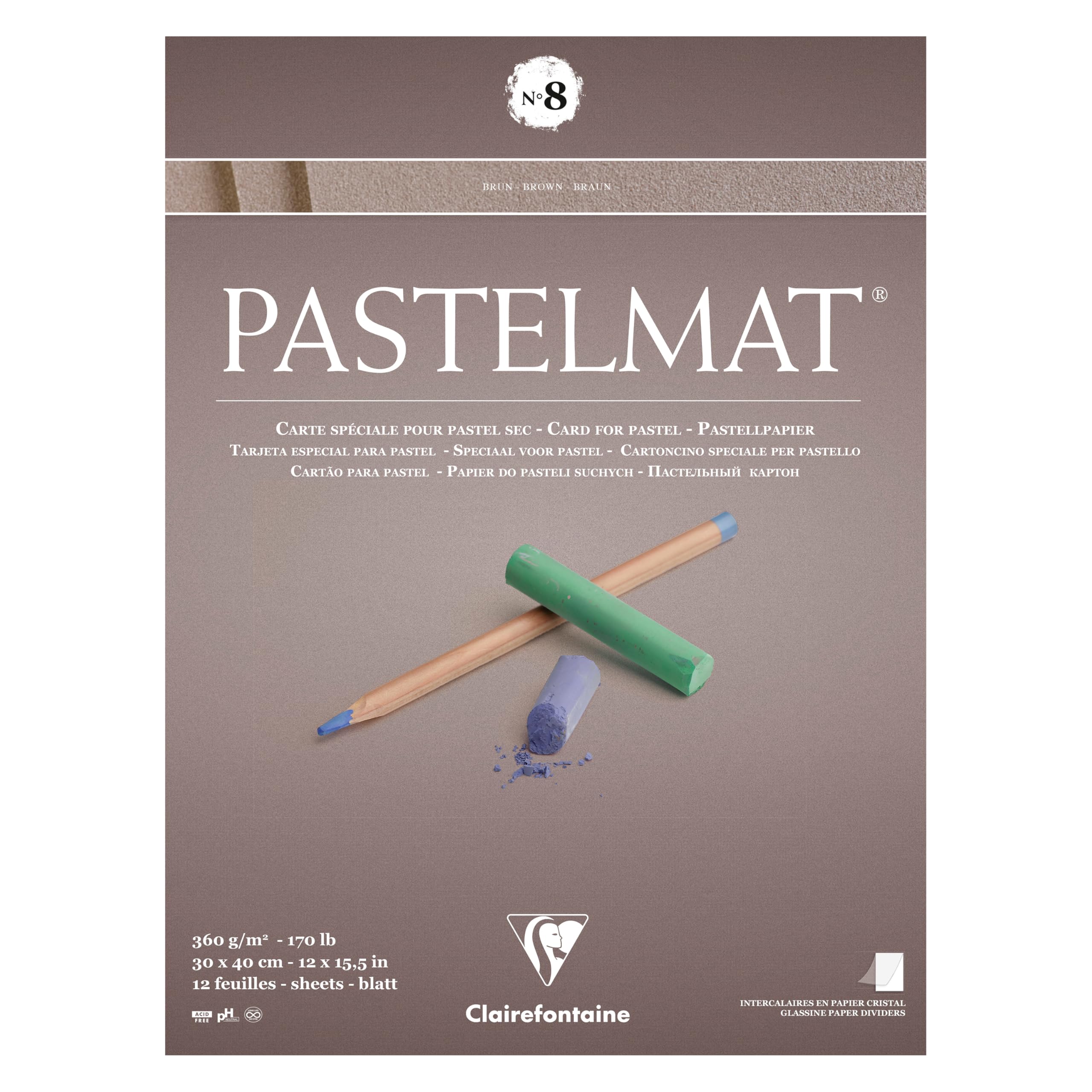 Clairefontaine 96015C Bloc Pegado Pastelmat n°8-12 Hojas Cartulina Especial para Pasteles Secos - 30x40 cm 360g - Marrón - Separadores en Papel Cristal