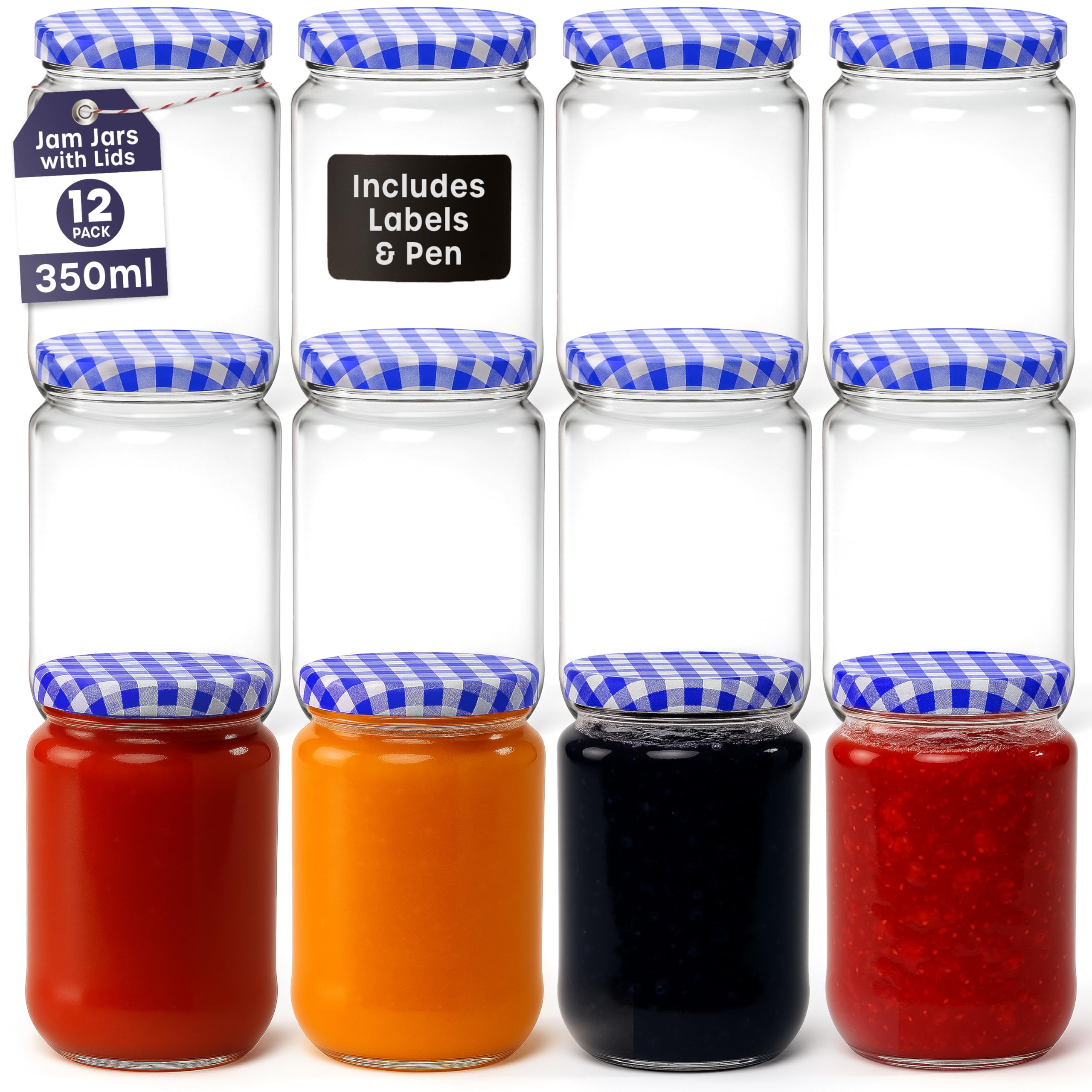 volila Jam Jars with Lids - 350ml Round Jam Jars with Blue Gingham Screw Top Lids - Airtight Jars with Lid for Jam, Preserves, Marmalade and Pickle - Preserving Jars with Labels and Pen (12 Pack)