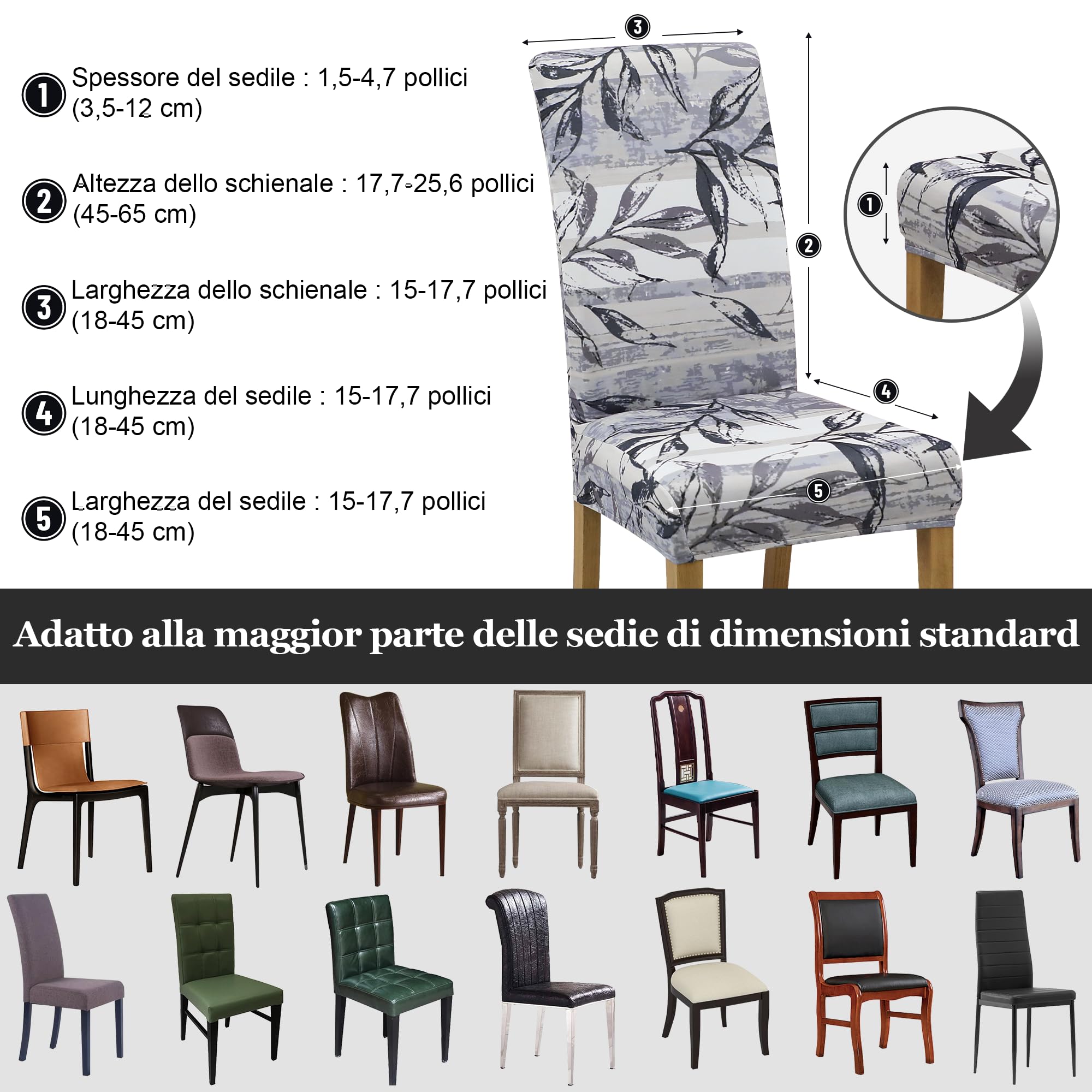 coprisedia con schienale、coprisedia elasticizzati、coprisedie antigraffio gatto、copri sedia da ufficio (set da 2/4/6 pezzi con schienale) per salotti, cucine, feste e hotel. (6, Foglia grigia 3)