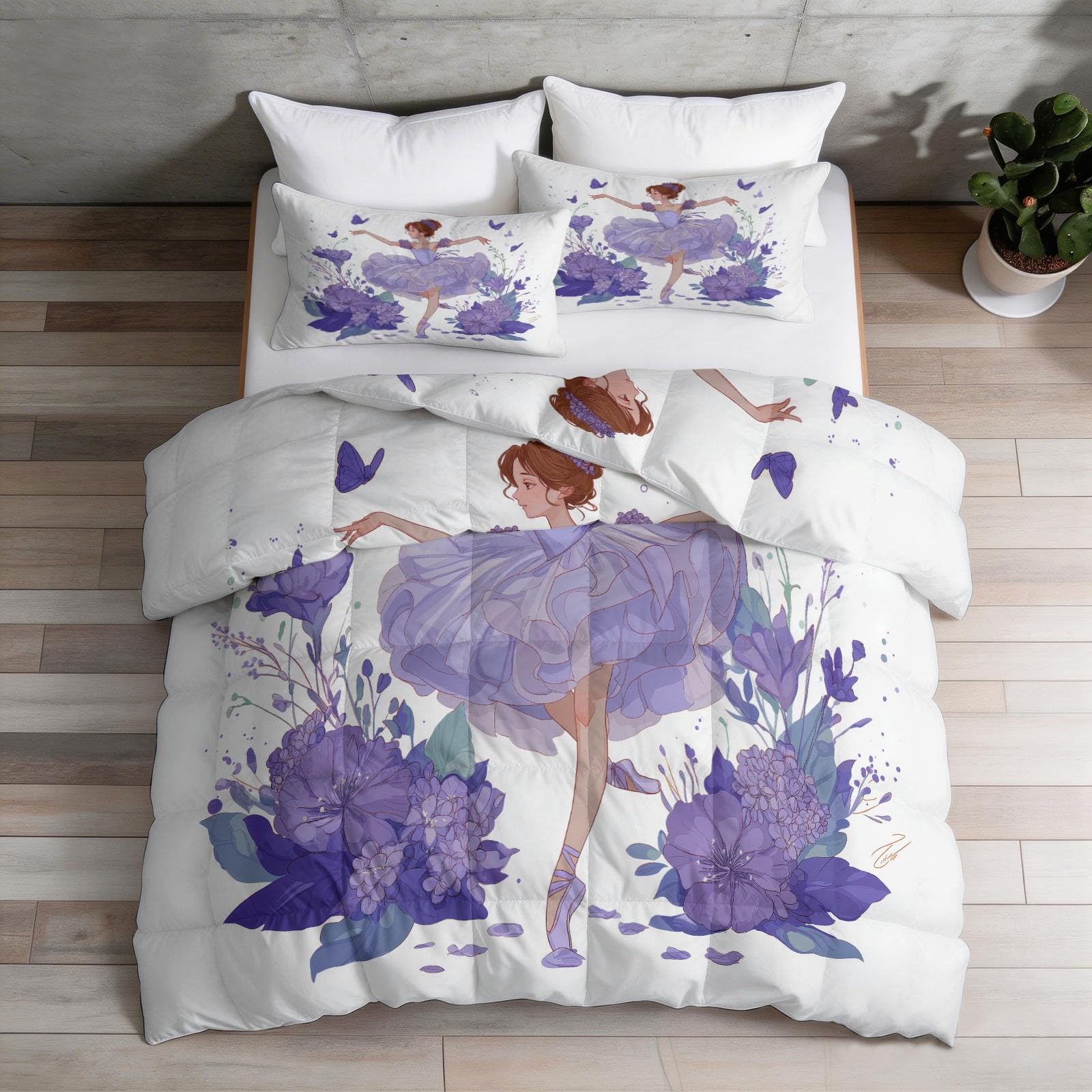 Edredón sin colchas 200 x 200 cm 4,5 tog verano lavanda soñadora silueta floral y bailarina silueta sin funda acolchada reversible colcha manta 2 fundas de almohada, colcha para niños/niños lavanda