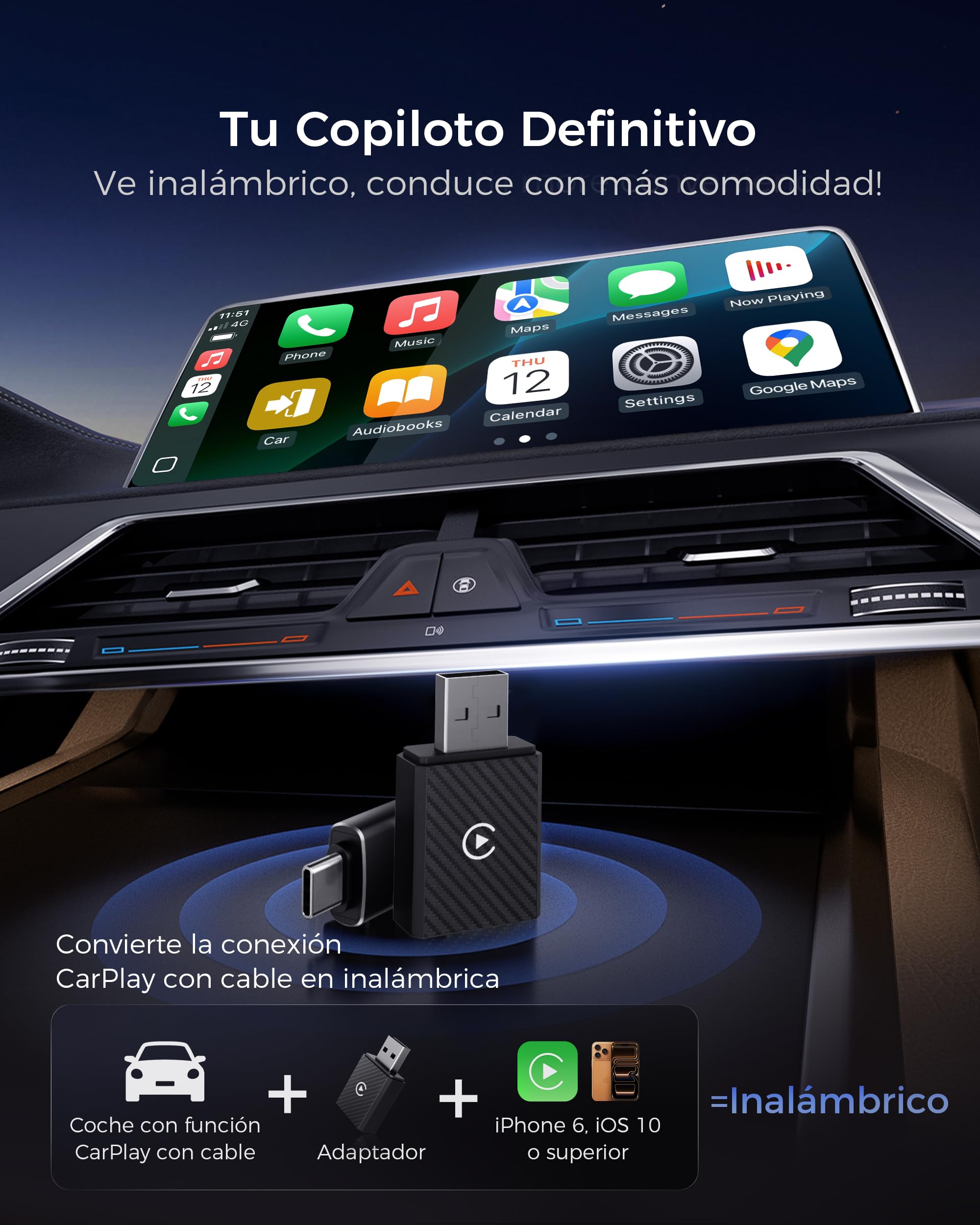 【2026 Mejorada】 Adaptador CarPlay Inalámbrico, Bluetooth V5.4 Conexión Estable, WiFi 6 de Doble Banda de Alta Velocidad, USB A/C, para Apple iPhone iOS 10+, Negro