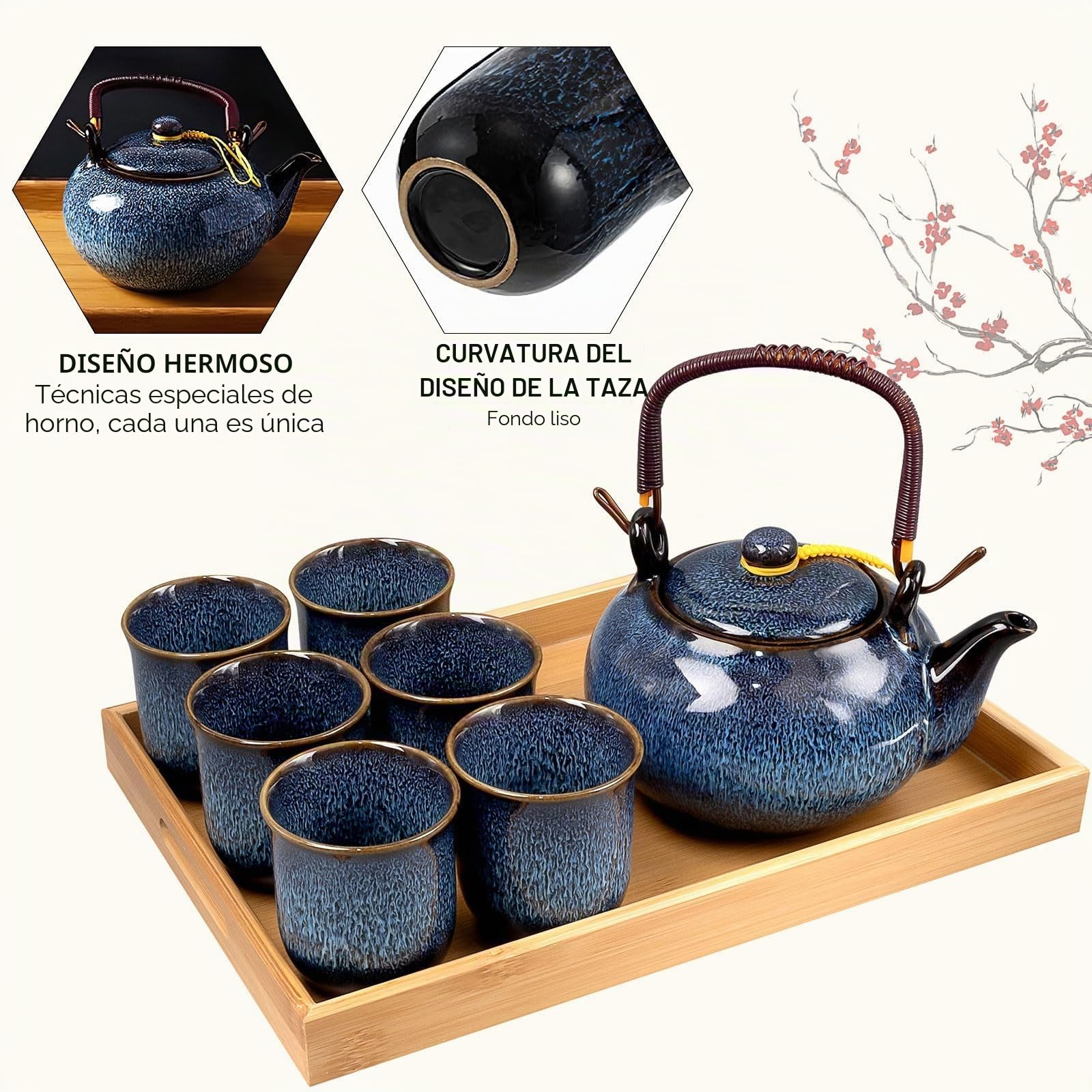 Juego de té de porcelana japonesa, tetera de cerámica azul de 650 ml con 6 tazas de té, caja de regalo, tetera china de esmalte alterado al horno para adultos, amantes del té, hombres y mujeres