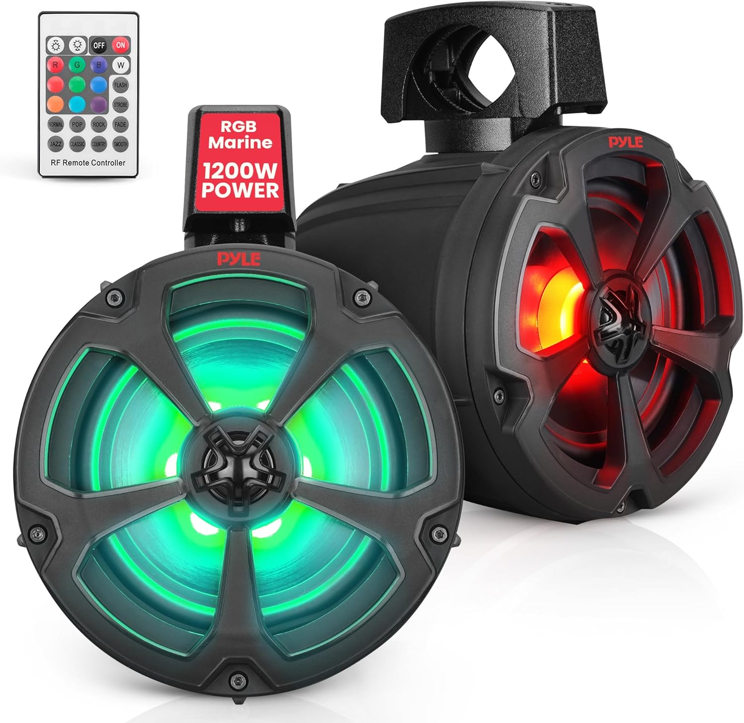 Pyle 6.5’’ Off-Road Speakers, 1200W Marine Grade Speakers with RGB Lights & Remote, Amplified Vehicle Speakers for ATV, UTV Sound System, 4x4, Jeep & Marine Watercraft, Bluetooth, Aux Input