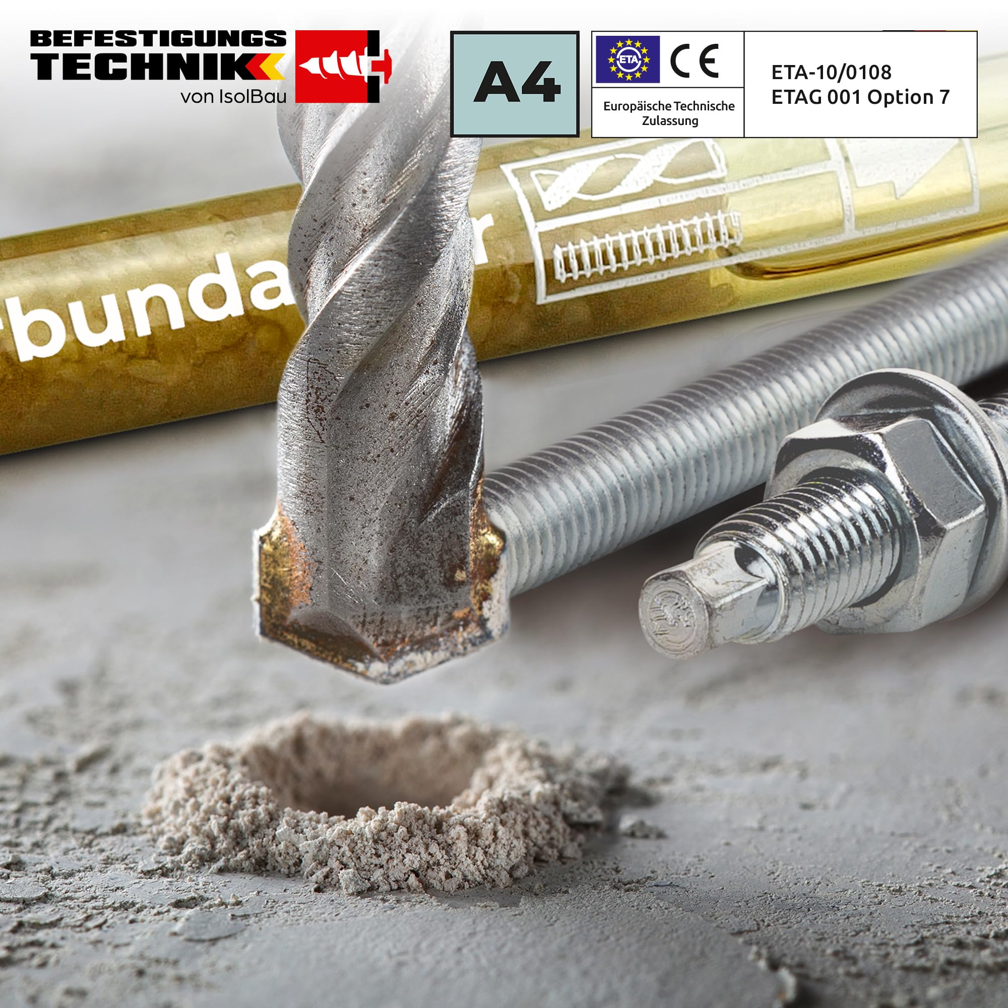 Isolbau Verbundanker Set - Verbundankerpatrone styrolfrei V16 + Ankerstange aus A4 Stahl M16 x 190 - ETA Zulassung - 10 Stück