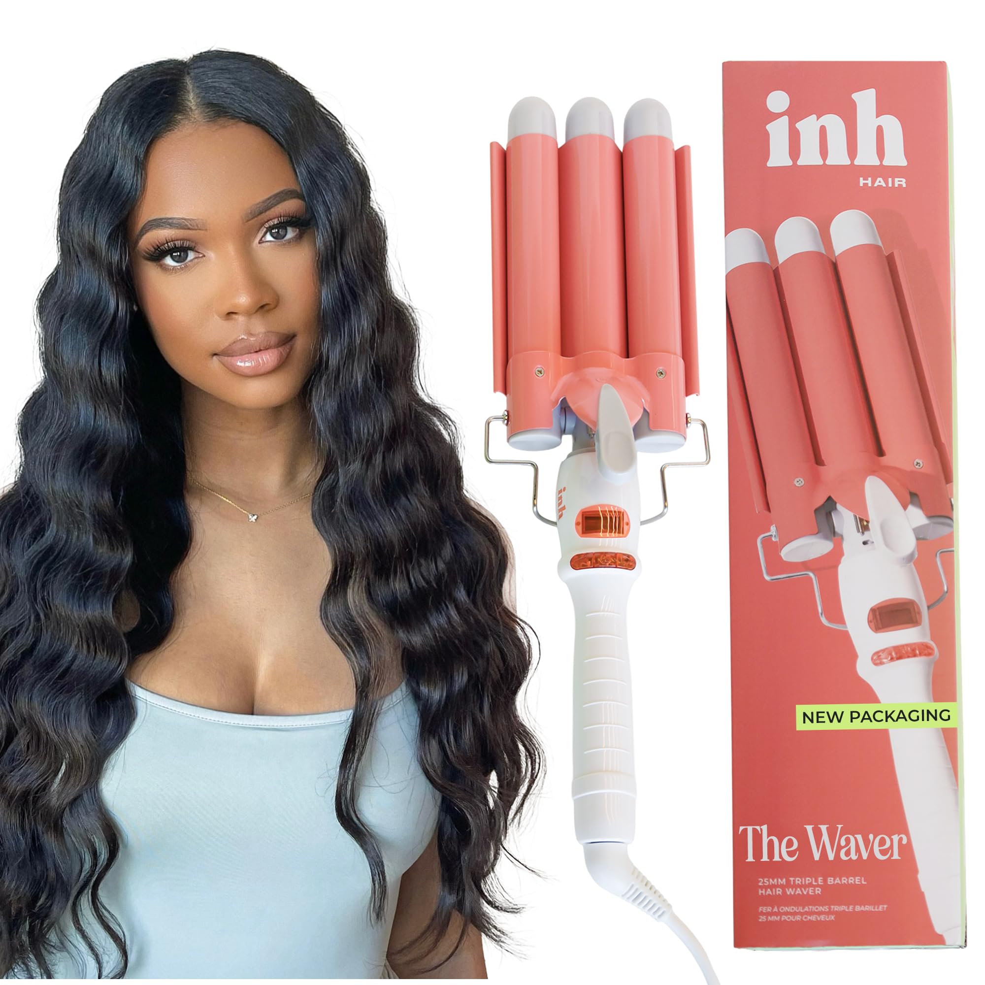 INH Hair Waver 3 Barrel | Ceramic Curling Iron for Beach Waves | Wavy Hair Curler for Fine, Thin, Thick, Long & Short Hair | Dual Voltage Deep Waver w/LED Screen & 360º Swivel Cord for Easy Styling
