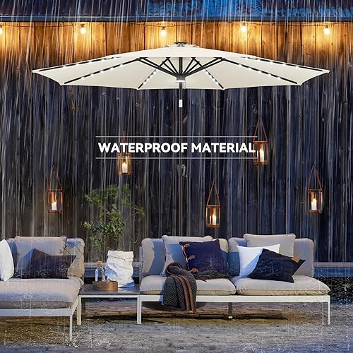 Miniatura 7 de uHousDeco Sombrilla solar LED de 10 pies para patio y playa, impermeable y resistente al óxido, poste de acero marfil