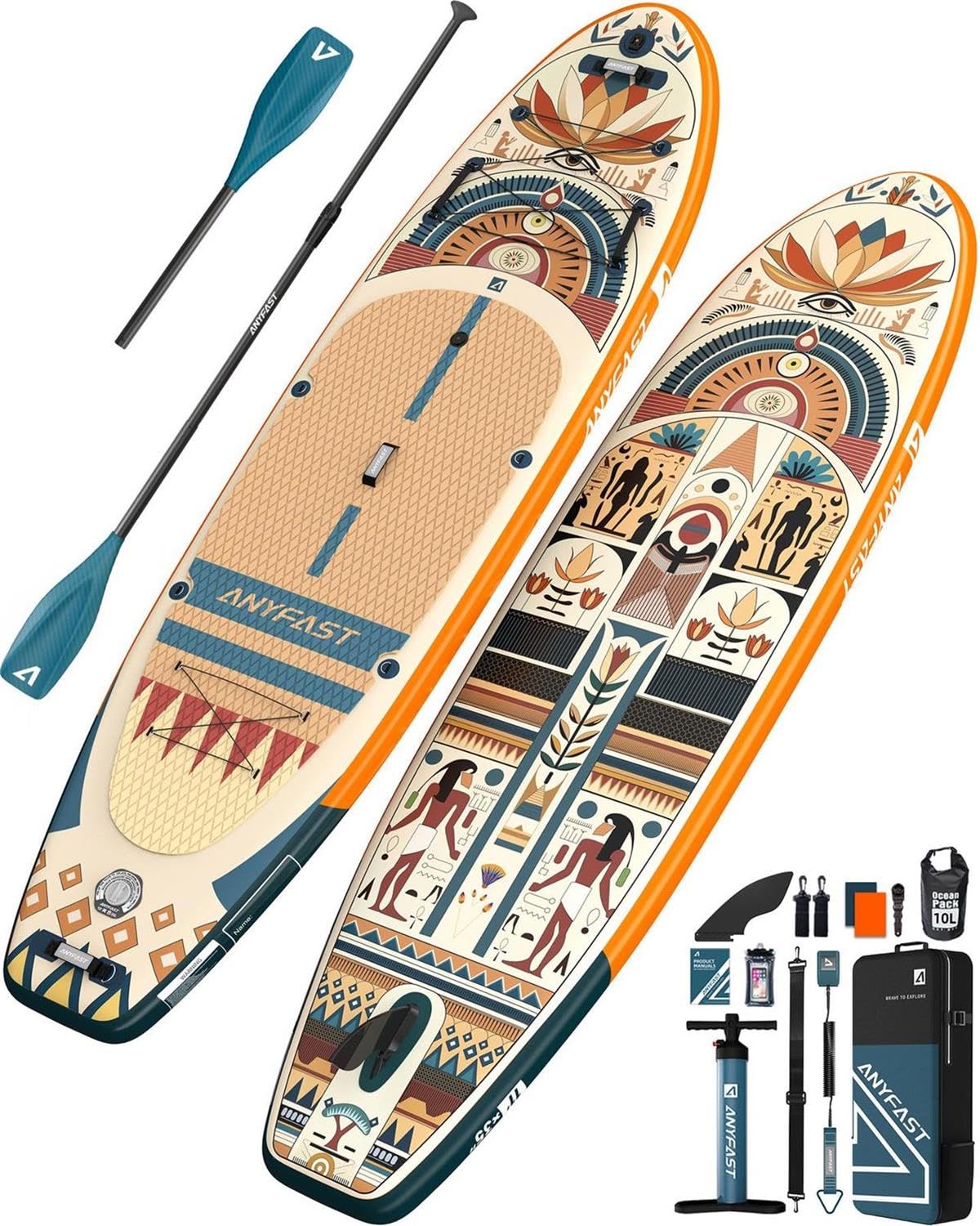 ANYFAST Inflatable Stand Up Paddle Boards - Extra Wide Fishing Paddleboard,Cool Design,Ultra Stable Standup SUP,15 D-Rings,5 Handles, Camera Mount,100L Backpack,10L Dry Bag, Youth/Adults