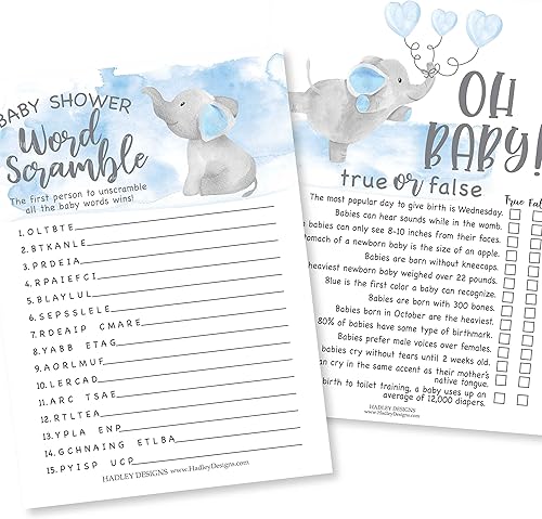 Blue Elephant Baby Shower Juegos para niños  2 juegos de doble cara, 25 palabras para ideas de baby shower, 25 juegos de baby shower, divertidos disponible en Yaxa Colombia
