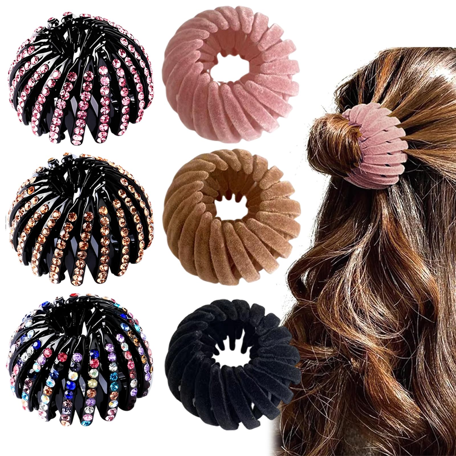 Muiltvoe 6 PCS Retro Birds Nest Hairclips Rhinestone Hairclip Expandable Ponytail Holder Clip Retractable Hair Loops Flocking Hair Accessories Multiple Colors for Girls Women