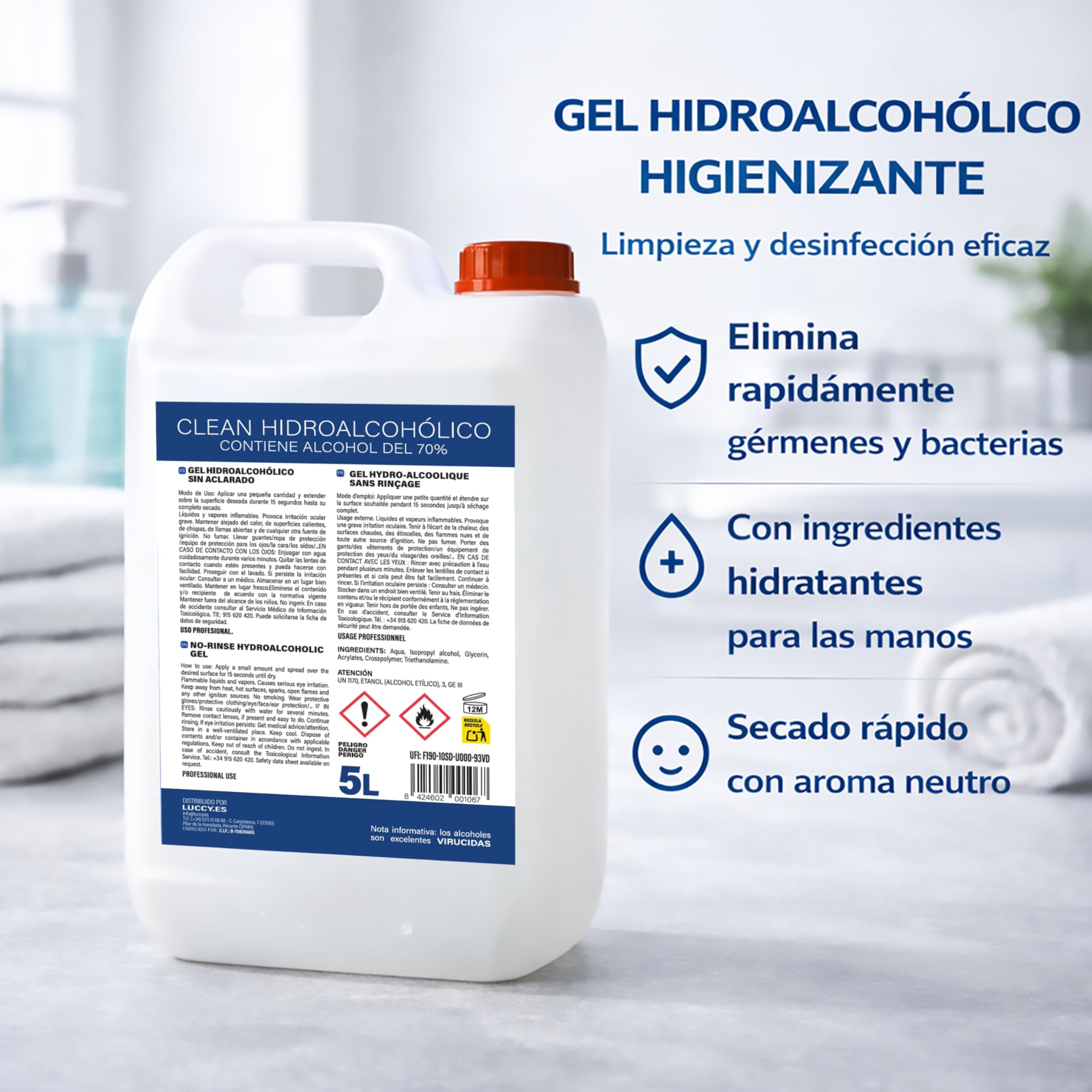 Gel Hidroalcohólico 5 litros | Loción Desinfectante de Manos Garrafa de 5 Litros | 70% Alcohol