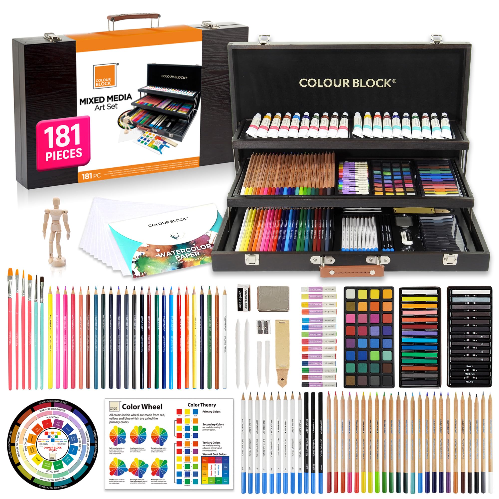 COLOUR BLOCK 181 pc Mixed Media Art Set in Exquisite Wooden Case - Acrylic & Water color Paints, Sketching, Colored Pencils, Soft & Oil Pastels