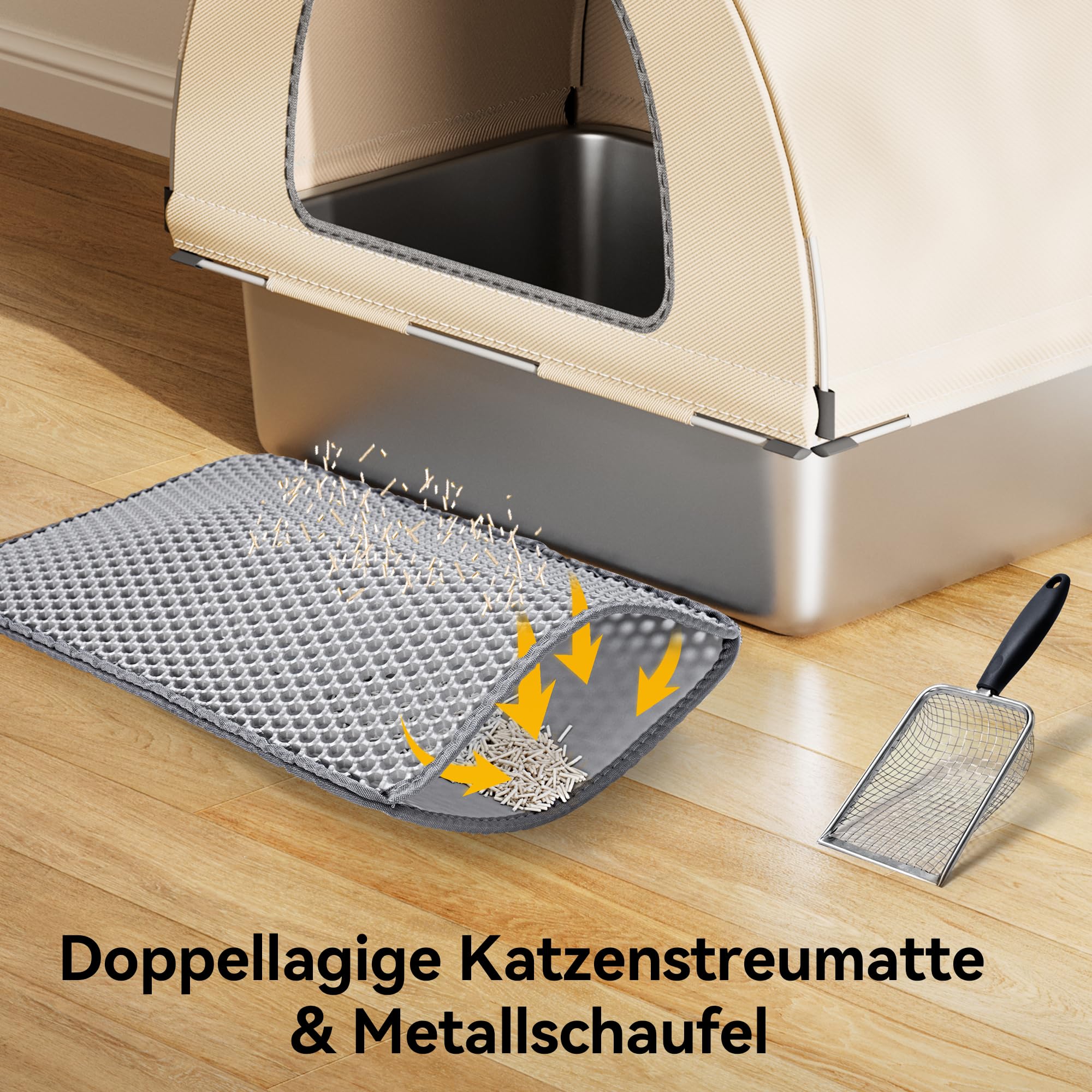 MeoWant Arenero Gato Acero Inoxidable 85L,Gato Acero Inoxidable con Tapa,Auslaufsicher,Antihaftbeschichtet,Geruchlos,con Pala y Tapete de Doble Capa, para Gatos Grandes
