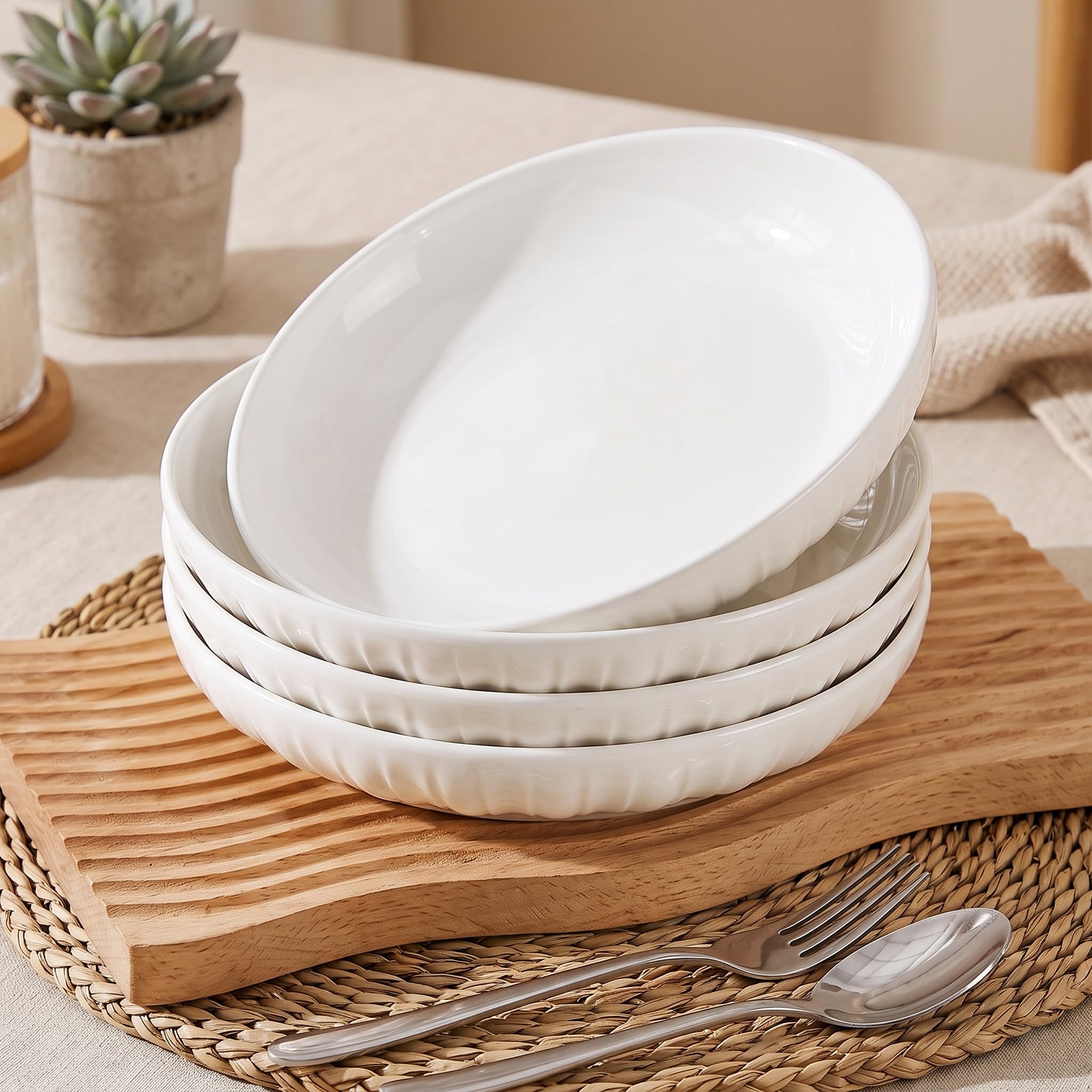 Koimiao 4 Pcs Ceramic Pasta Bowls Set, 20oz Versatile White Serving Bowls, Ideal as Durable Salad or Decorative Bowls for Pasta, Fruit, and Parties, Oven and Dishwasher Safe