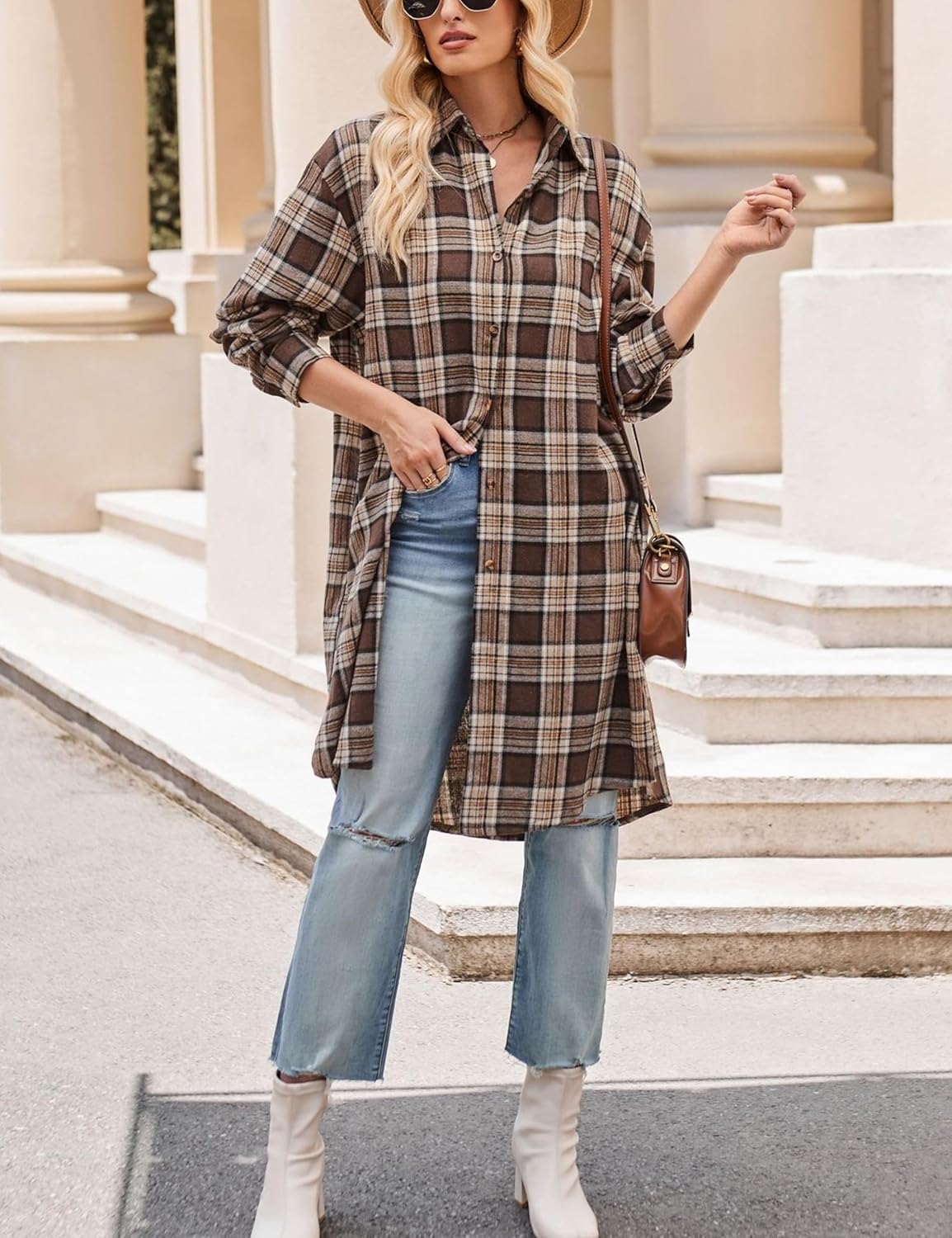 Zontroldy Women's Mid Long Casual Button Down Long Flannel Shirts Plaid Shacket Jacket with Pockets - Image 5