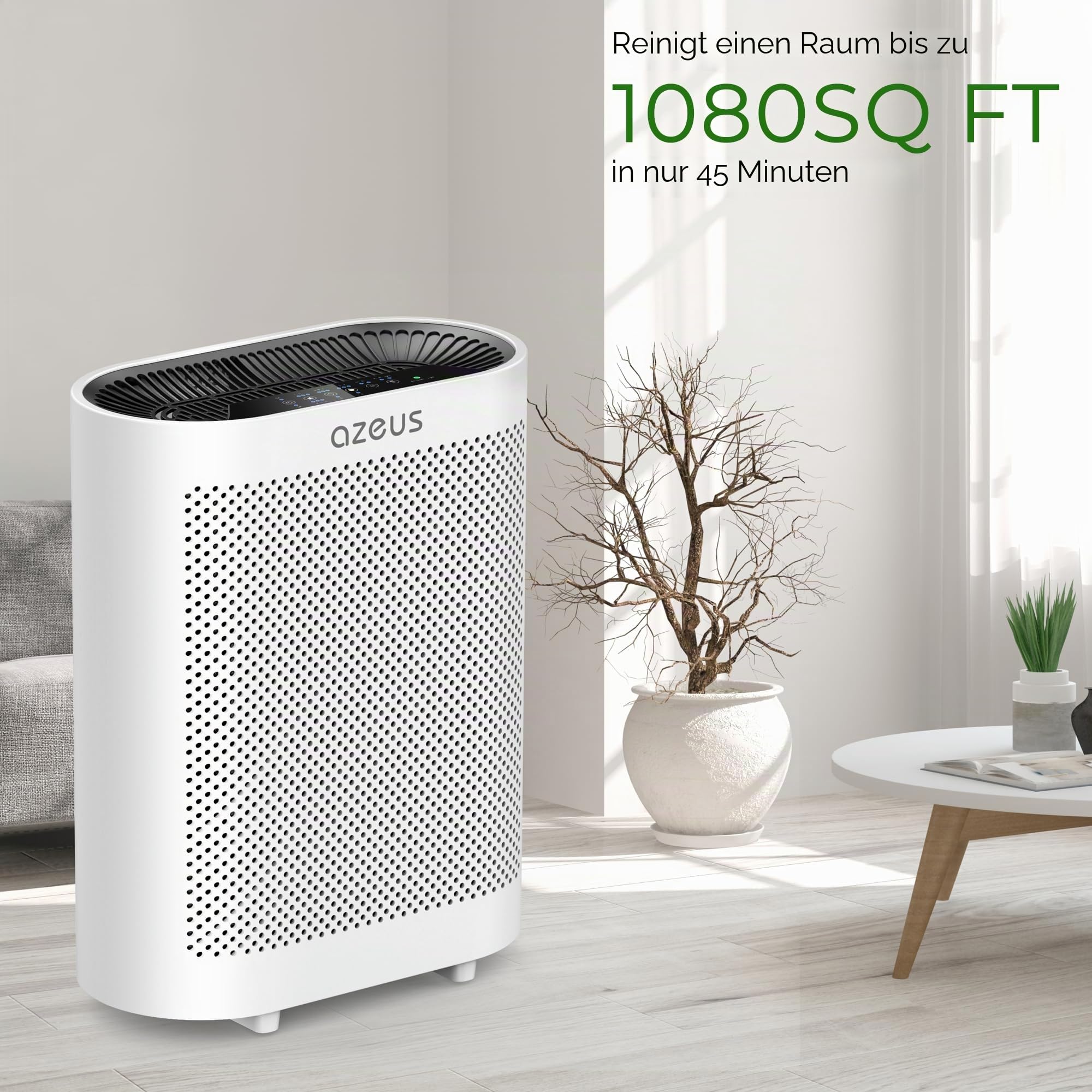 AZEUS True HEPA Luftreiniger GL-FS32 | 4-stufiges Filtersystem, ultra-leiser Betrieb und Luftqualitätssensor | ideal für große Räume, Schlafzimmer und Büros (Grau)