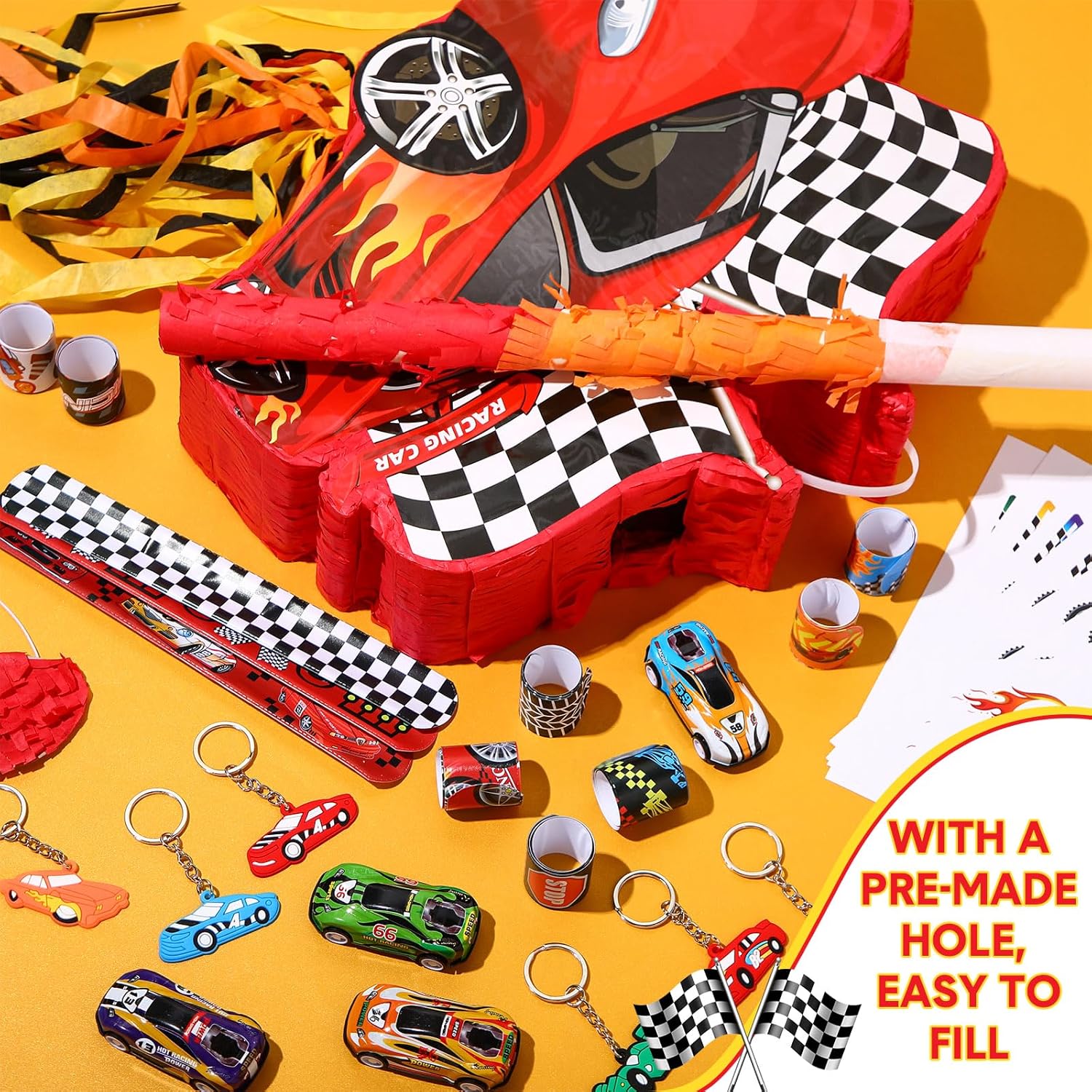 Pasimy Cars Piñata Race Car Party Favors Set with Black Red Birthday Piñata Stick Blindfold Slap Bracelet Keychain Sticker Racecar Party Gifts Birthday Decorations Goodie Bag Stuffer Supplies