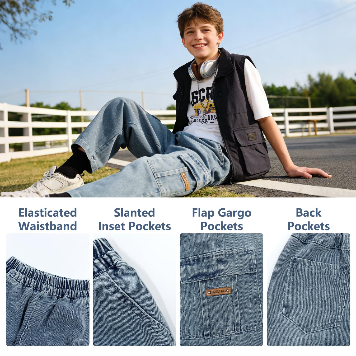 Jeans Baggy Ragazzo Bambino Pantaloni Cargo Denim con Tasche Multiple Vita Elasticizzata Gamba Dritta Larghi Loose Fit Stretch Jeans Cargo Casual Moda Vintage Streetwear per Bambini 7-15 Anni