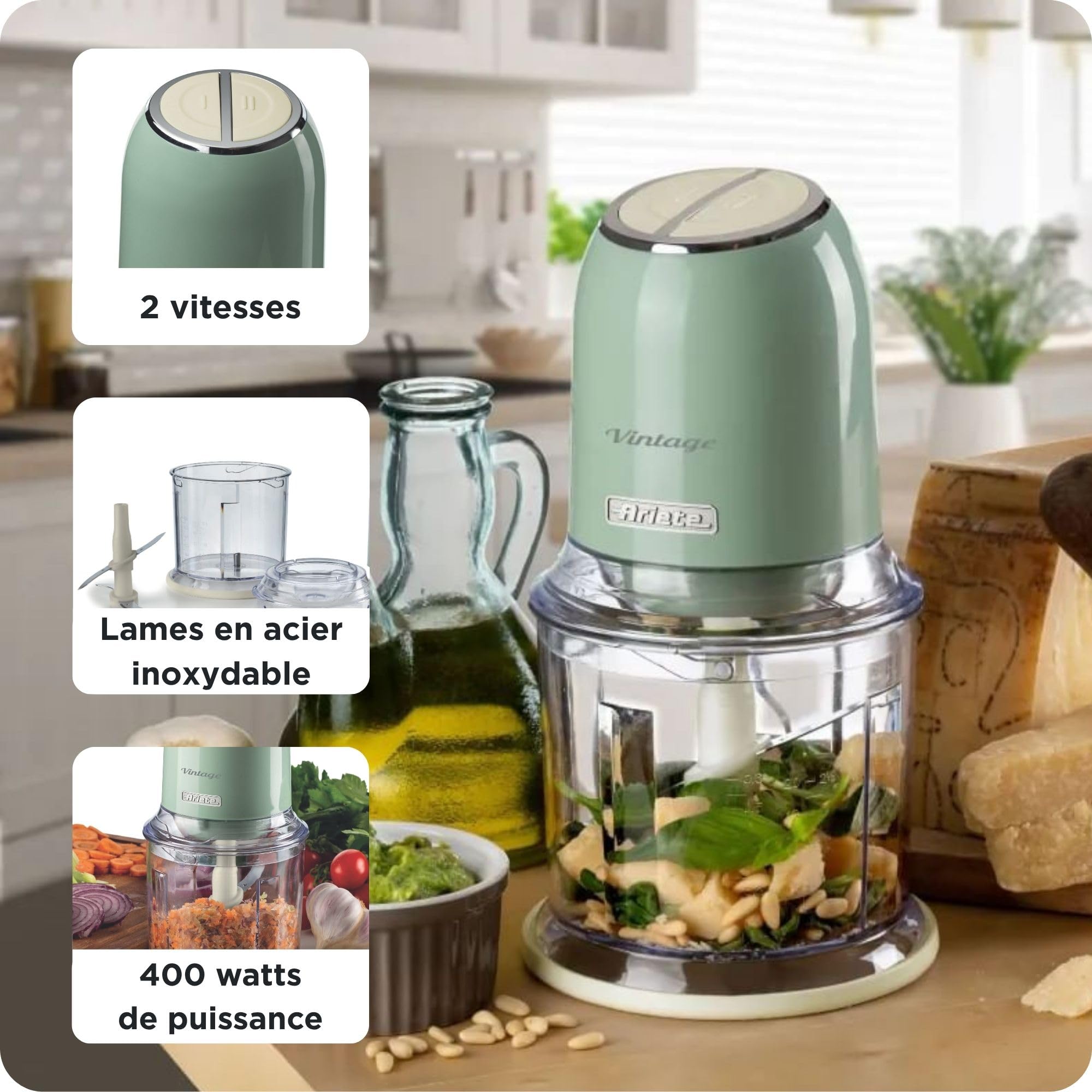 Ariete Vintage 438, Hachoir Électrique de Légumes et de Glace avec 2 Vitesses, 4 Lames en Acier Inoxydable, Pieds Antidérapants, 600 ml, 400W, Vert