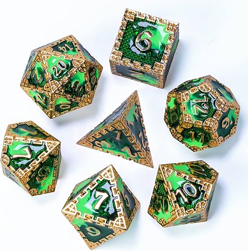 Miniatura 6 de UDIXI Juego de dados de metal D&D, 7 piezas de dados poliédricos DND Dragón verde menta para juegos de rol, RPG y otros juegos de mesa