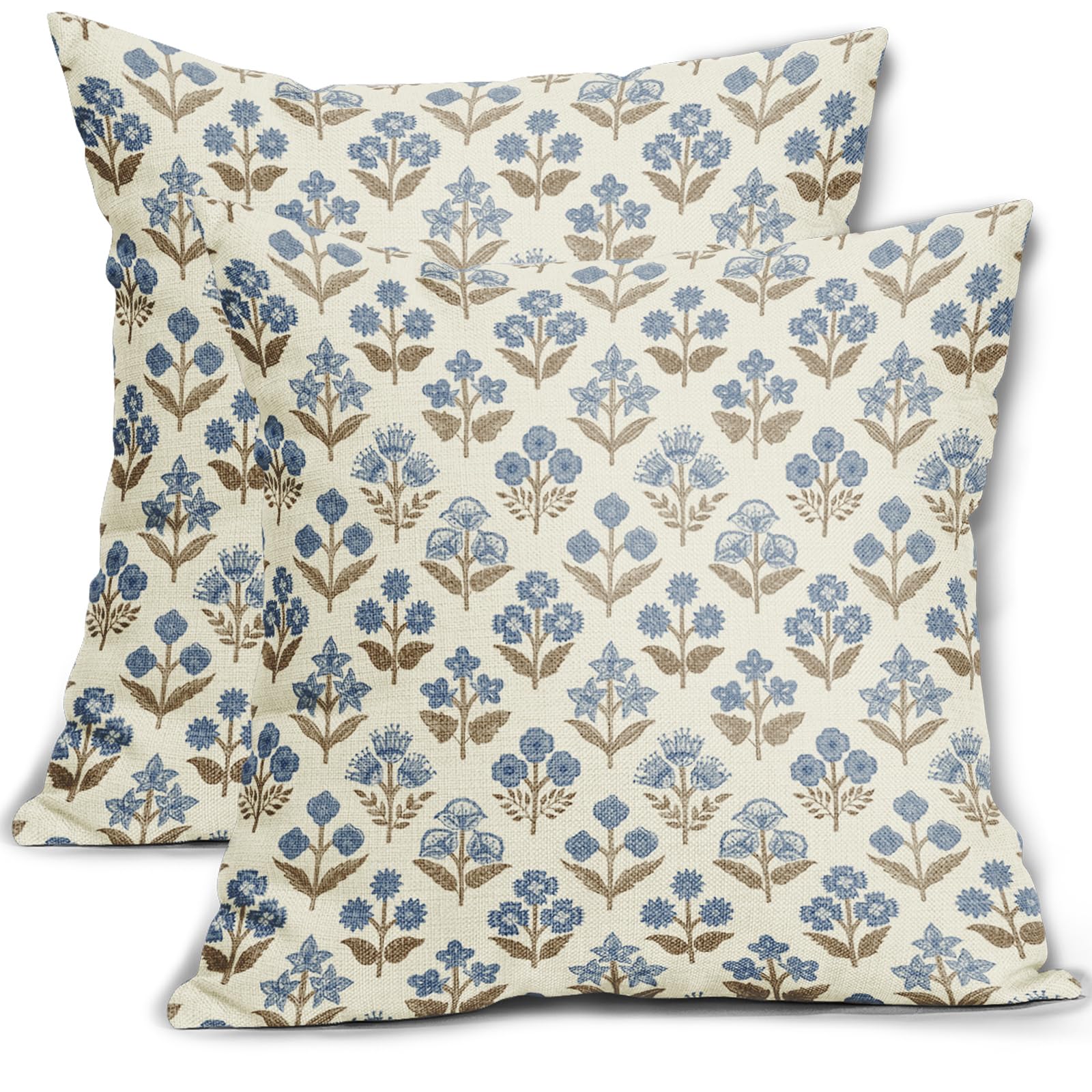 Sivirary Brown Blue Floral Pillow Covers 22x22 Inch Set of 2, Vintage Flower Block Pattern Decorative Throw Pillowcases Outdoor Farmhouse Cushion
