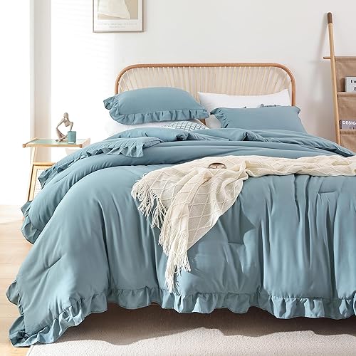 JANZAA King Size Comforter Set Mineral Blue Ruffle Comforter 3PCS Soft Fluffy Boho Comforter Vintage Farmhouse Bed Comforter Set Shabby Chic Bedding with 2 Pillowcases for All Season