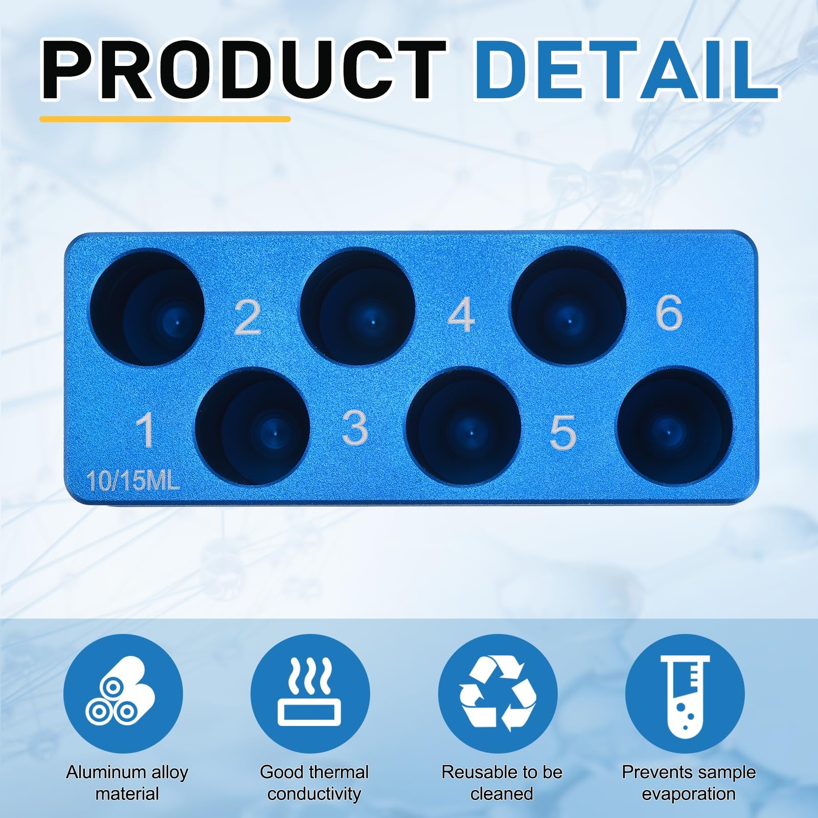 PATIKIL 6 Pozzi Porta Provette Microcentrifuga Raffreddato, Vassoio Piastra Coltura Tessutale, Blocco Raffreddamento Alluminio Per Provette PCR 50ml, Attrezzatura Laboratorio, Blu Chiaro