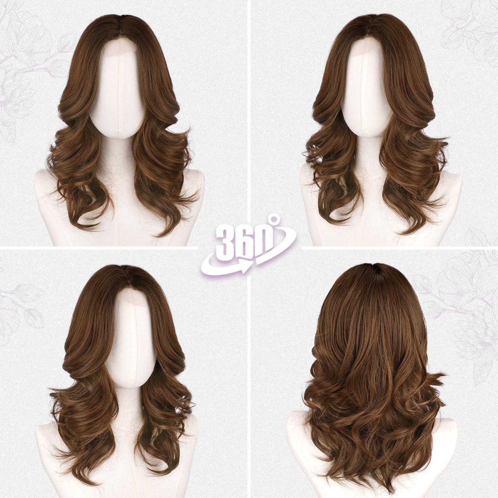 BARSDAR Short Wavy Brown Ombre Layered Wig - Shoulder Length Wavy Brown Wigs for Women - Short Loose Wave Textured Layered Wig with Face-Framing Curtain Bangs Soft Synthetic Natural Looking Daily — view 5