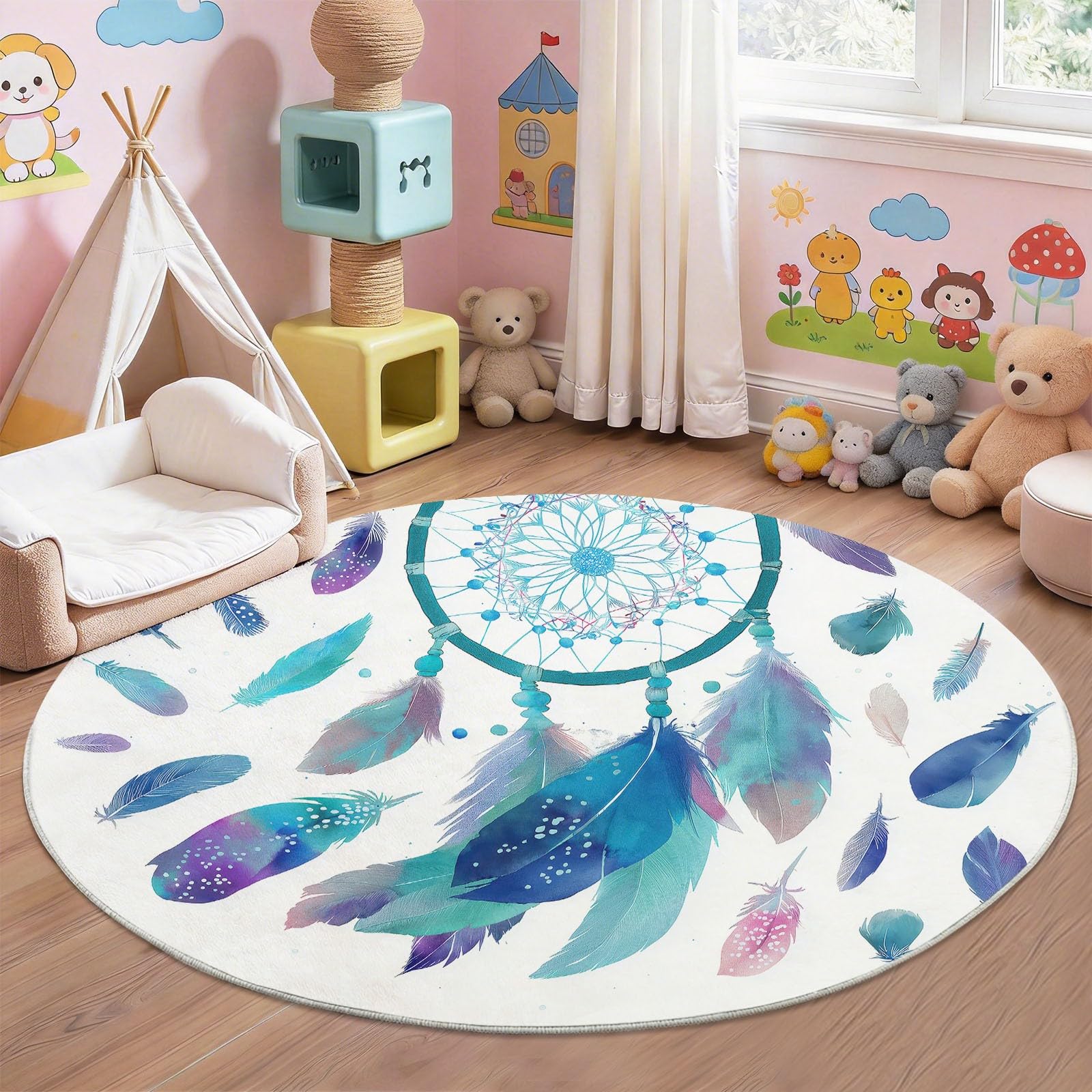 Teppich Rund Boho Wohnzimmer 160 cm Durchmesser | Mit Traumhafter Traumfänger Mit Federn Muster, Geeignet Schlafzimmer Bettvorleger, Kurzflor rutschfest Waschbar, Mehrfarbig Blau