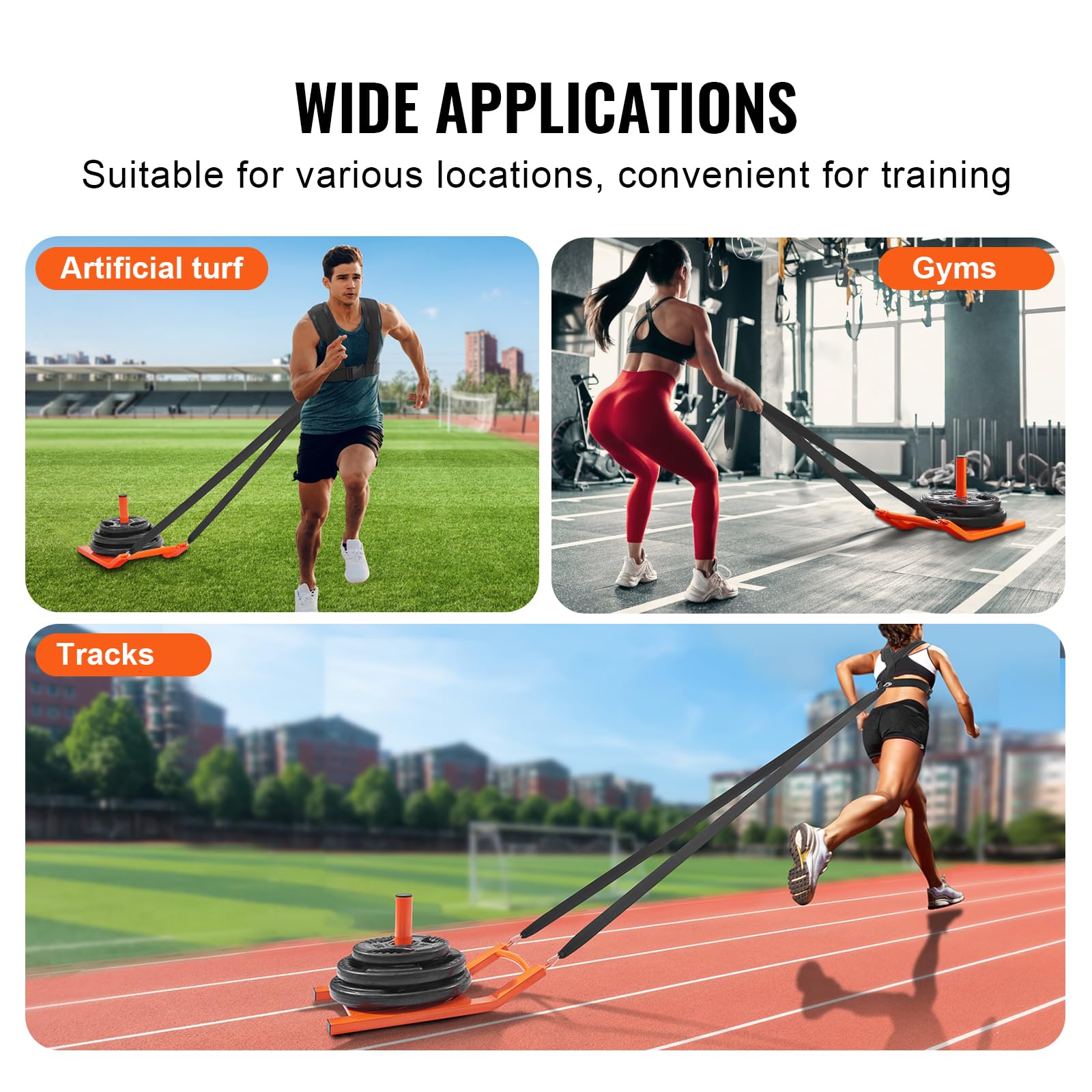 VEVOR Traineau de Puissance Traction, Luge de Force pour Fitness, Équipement d'Entraînement en Acier pour Exercices Athlétiques et Amélioration de la Vitesse, pour Plaque de Poids 2,5-5 cm, Orange